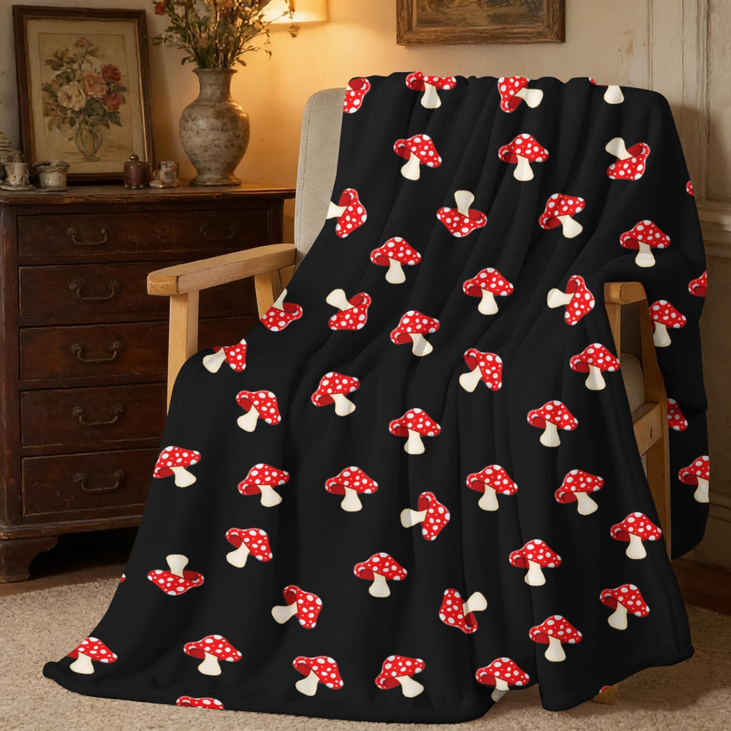 Black Mushroom Blanket, Birthday Mushroom Gifts for Women, Kids 60''x50''
