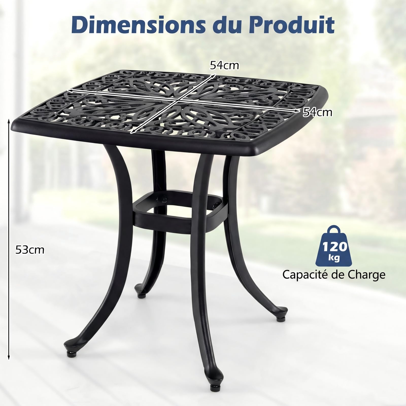 COSTWAY Table Jardin Carrée en Aluminium Moulé 54 CM, Table d'Appoint Extérieure Anti-Rouille avec Trou Intégré pour Parasol, Résistante aux Intempéries pour Patio Piscine Terrasse, Noir