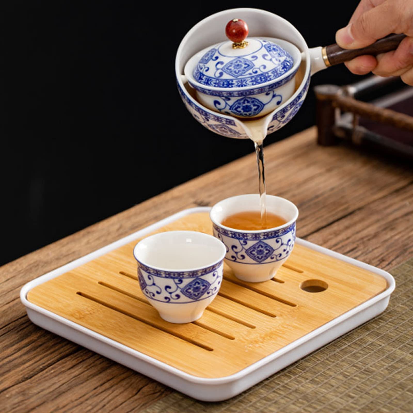 fanquare Juego de Té Portátil de Viaje de Porcelana Azul y Blanca,Juego de Té Kungfu Hecho a Mano, Tetera, 4 Tazas y Bandeja de Té de Bambú con Bolsa