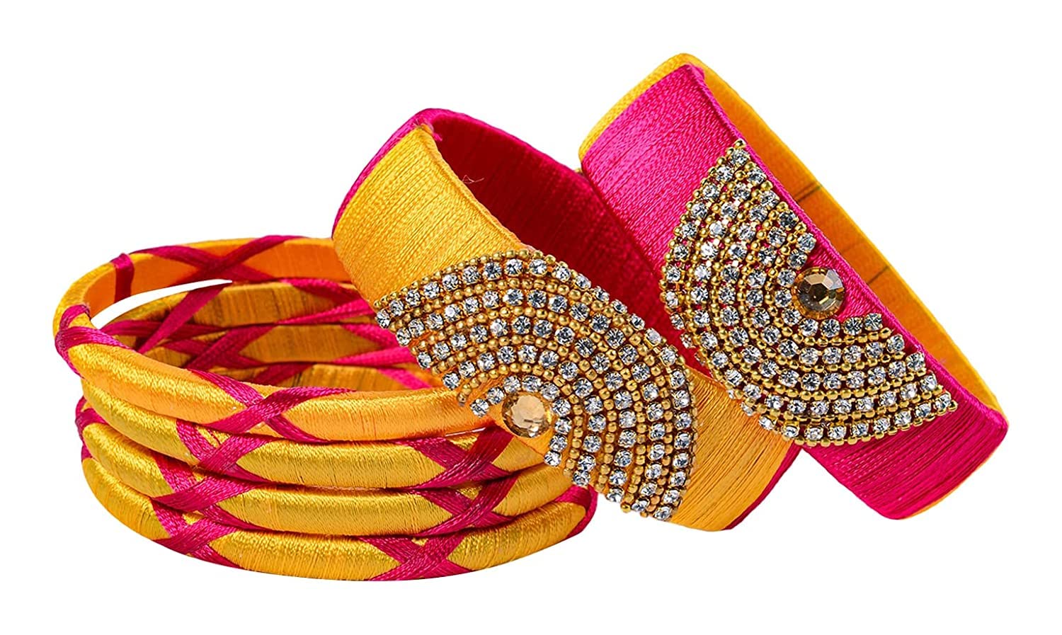 IJYA Sihan Handicrafts Pink & Yellow Color Zircon Work Silk Thread Bangles for Women Girls 6 Pc Set Wedding & Festive Occasions (2.6) (B09MWHNN6B) Amazon Price History, Amazon Price Tracker