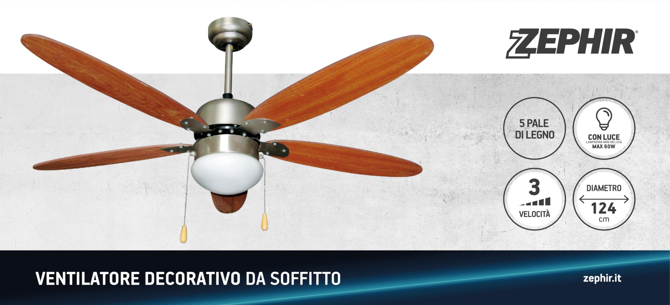 Zephir ZFS9110M Ventilatore da Soffitto con Lampada, Marrone, a risparmio energetico, 230v, 50hz, ferro, legno