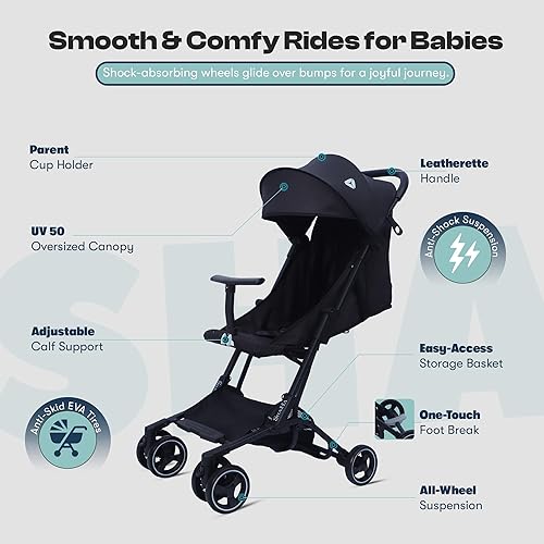 Miniatura 3 de ShaHa Cochecito de bebé plegable, cochecito de viaje ligero para avión con ruedas delanteras giratorias, freno de 1 paso, toldo y respaldo