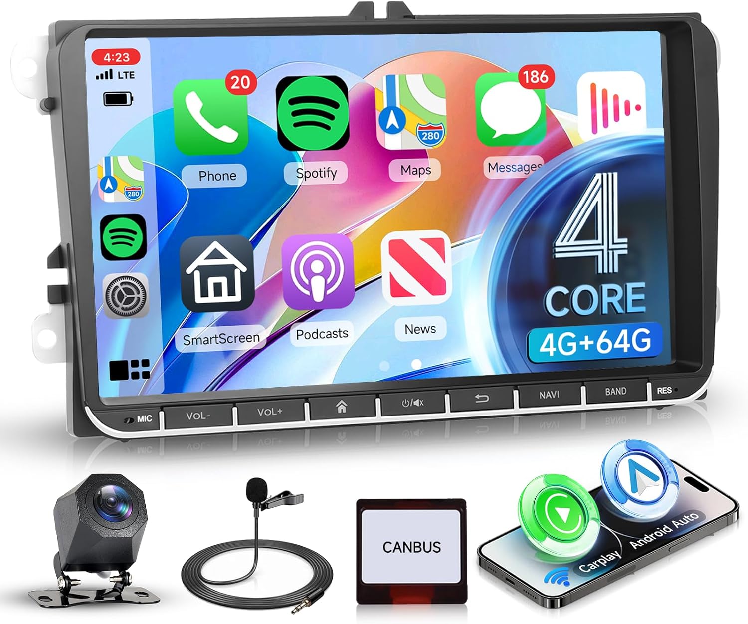 4G+64G Car Radio for VW Golf MK5 MK6 Passat Jetta Tiguan T5 EOS Polo with Wireless CarPlay Android Auto, 9 Inch Android Car Stereo GPS Navigation WiFi SWC Bluetooth FM with Backup Camera