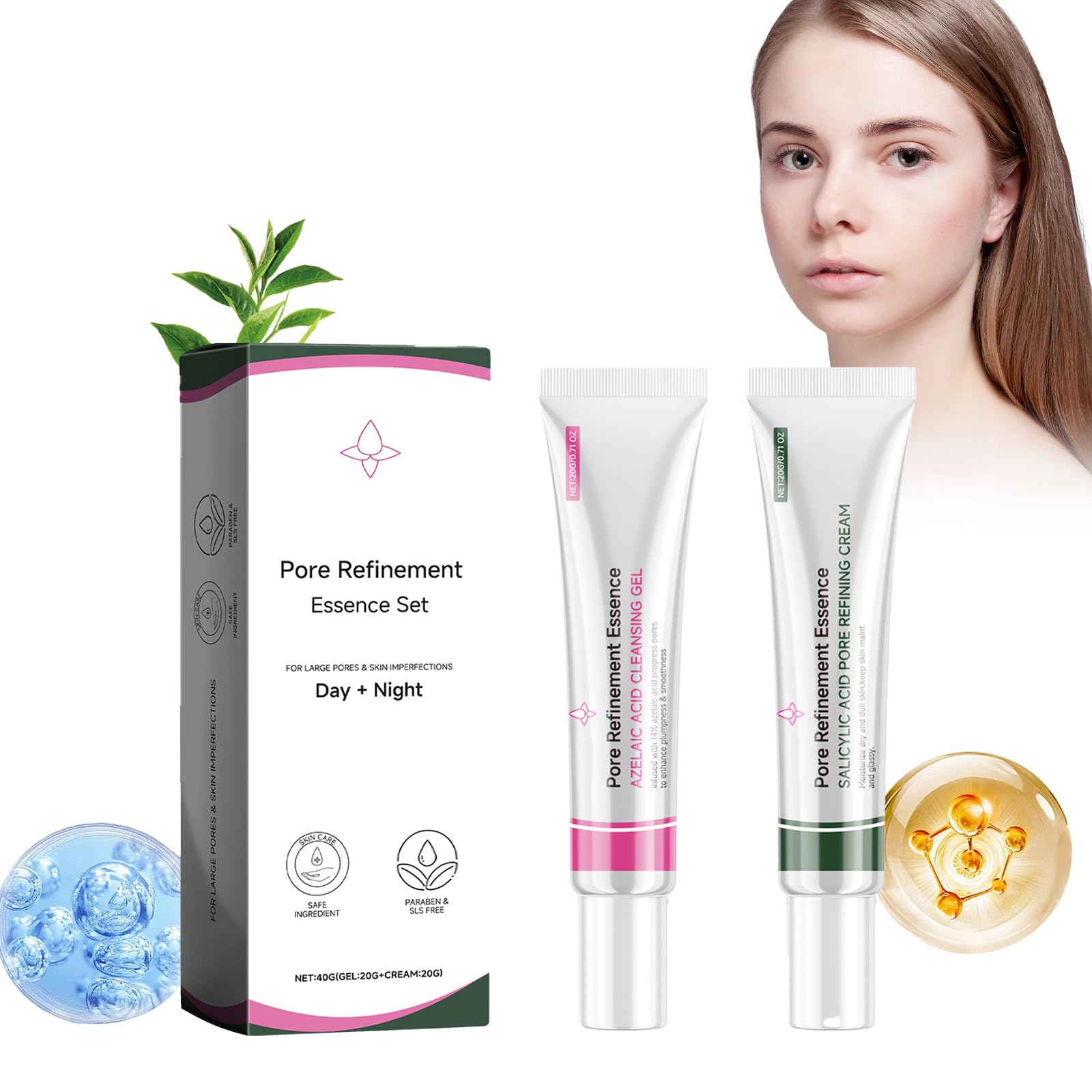 Crema Anti Acne, Crema Anti Acne Facial Con Ácido Salicílico, Crema Anti Acne Facial Con Ácido Salicílico, Crema Hidratante Para Refinar Los Poros, Facial Pore Care Cream Set, 20 G + 20 G