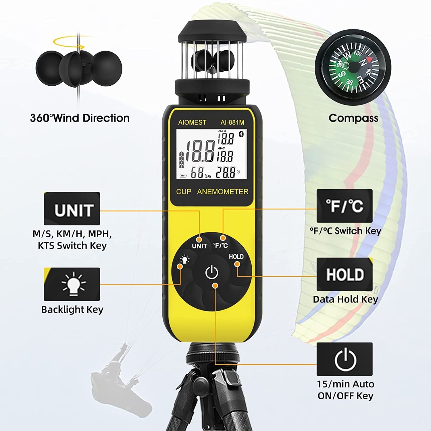 Anemometro Portatile Digitale Misuratori del Vento con Direzione Vento, Misuratore Velocità Vento 2.4~150 km/h per Esterni, Caccia, Surf, Droni, HVAC - Termometro Integrato - AIOMEST AI-881M