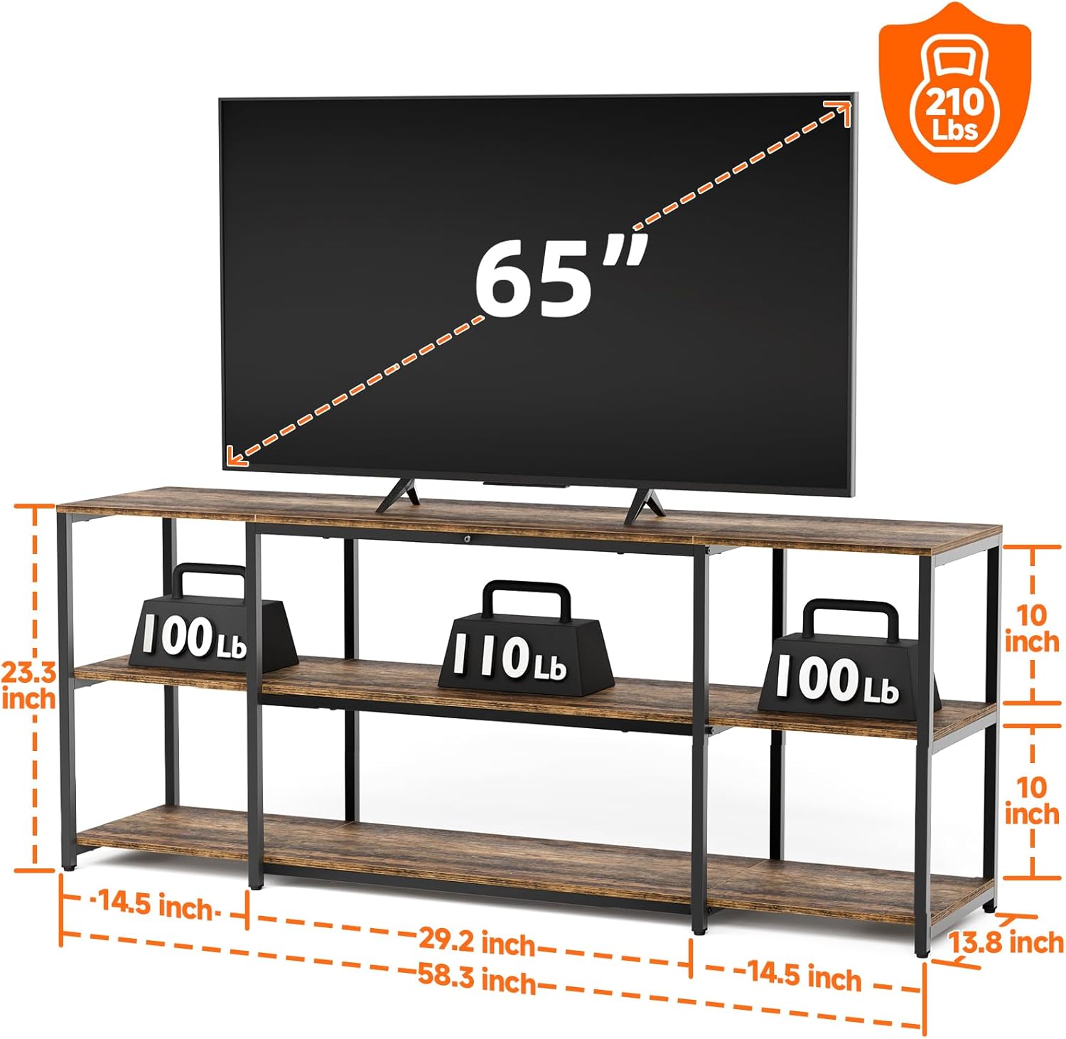 Aquzee 65 inch TV Stand, Entertainment Center for 40" 55" 60" 65" Television, Wood & Metal TV Console Table,Single Shelf Load 210lbs, 3Tiers Storage Rustic Television Stands, for Living Room Bedroom - Image 3