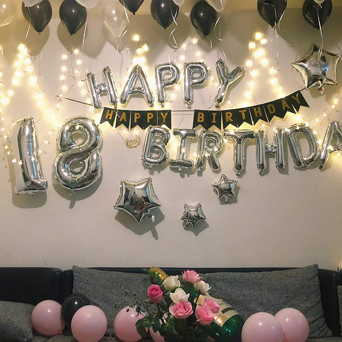 18th Birthday Party Decorations Kit Black and Silver Birthday Balloons - Led Birthday String Lights, Silver 18 Foil Balloon, Happy Birthday Banner, Star, Black & White Latex Balloons