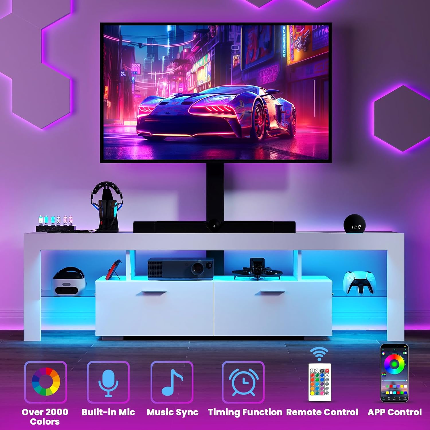 TV-Stand with Mount 75 inch - LED TV Stand with Power Outlet & Drawers, Modern Entertainment Center with Mount for Living Room, Bedroom, White