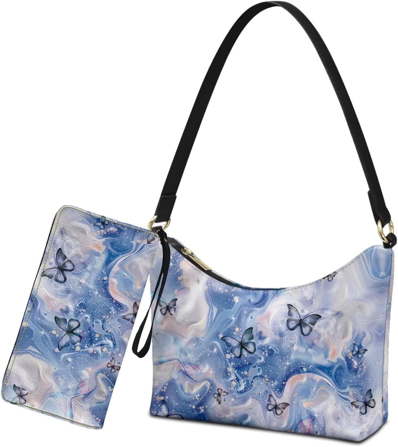 2Pcs Shoulder Bag Set with Wallet for Women, Leather Underarm Purse with Wristlet Wallet, Hobo Sling Tote