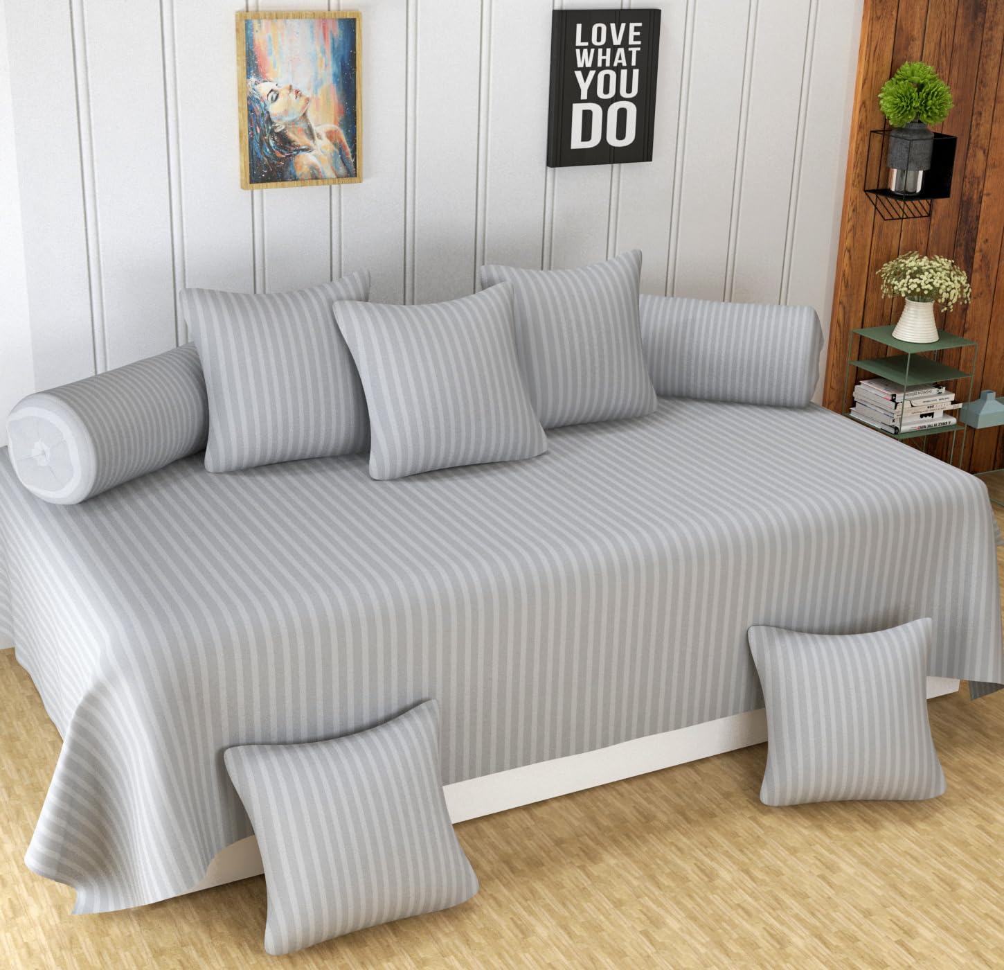 Homefab India 160 TC Stripe Glace Cotton Diwan Set - 8 Piece - Silver
