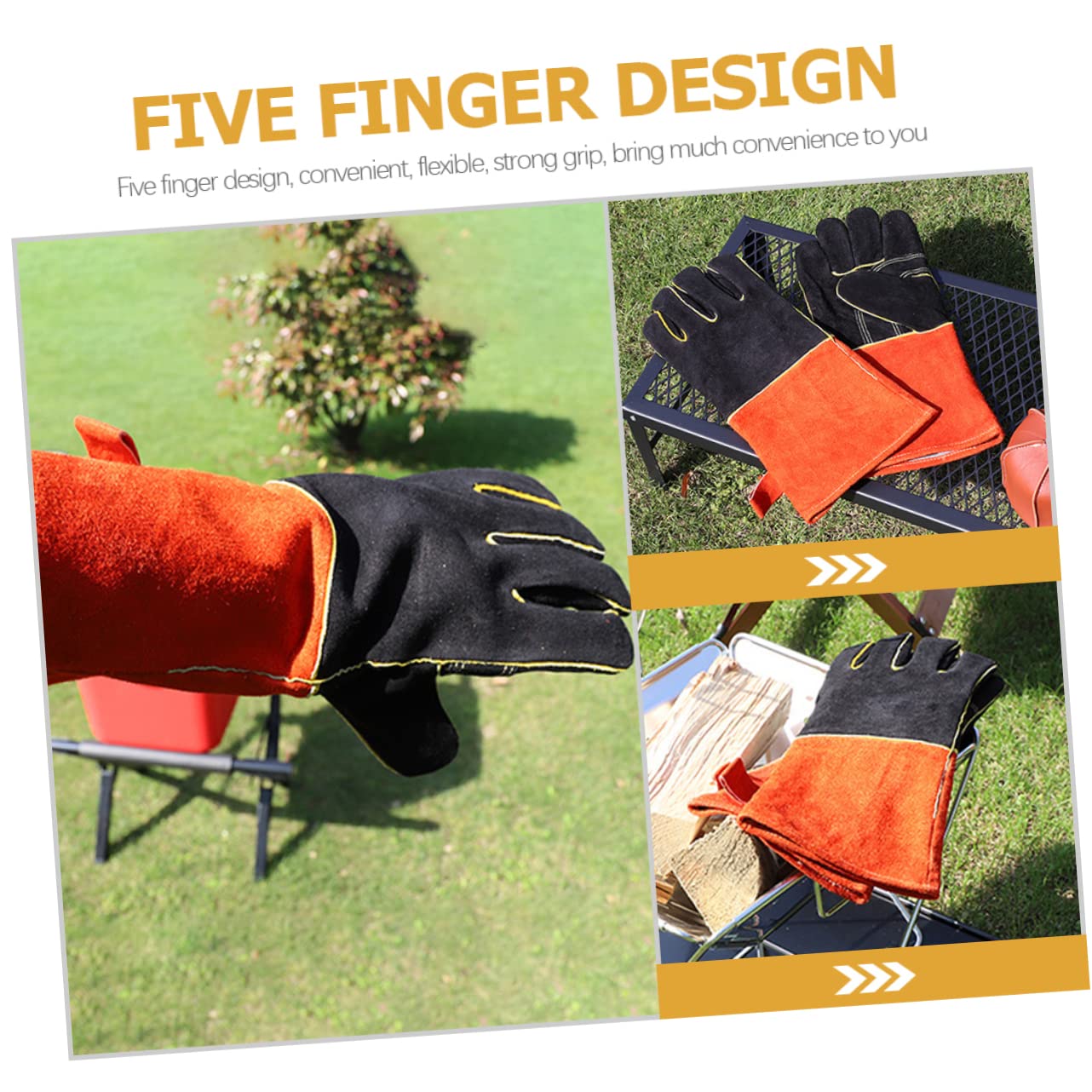 HEMOTON Guanti da Barbecue Resistenti al Calore Ignifughi in Cuoio Design a Cinque Dita, Anti-scottatura e Usati per Campeggio All'aperto e Cucina