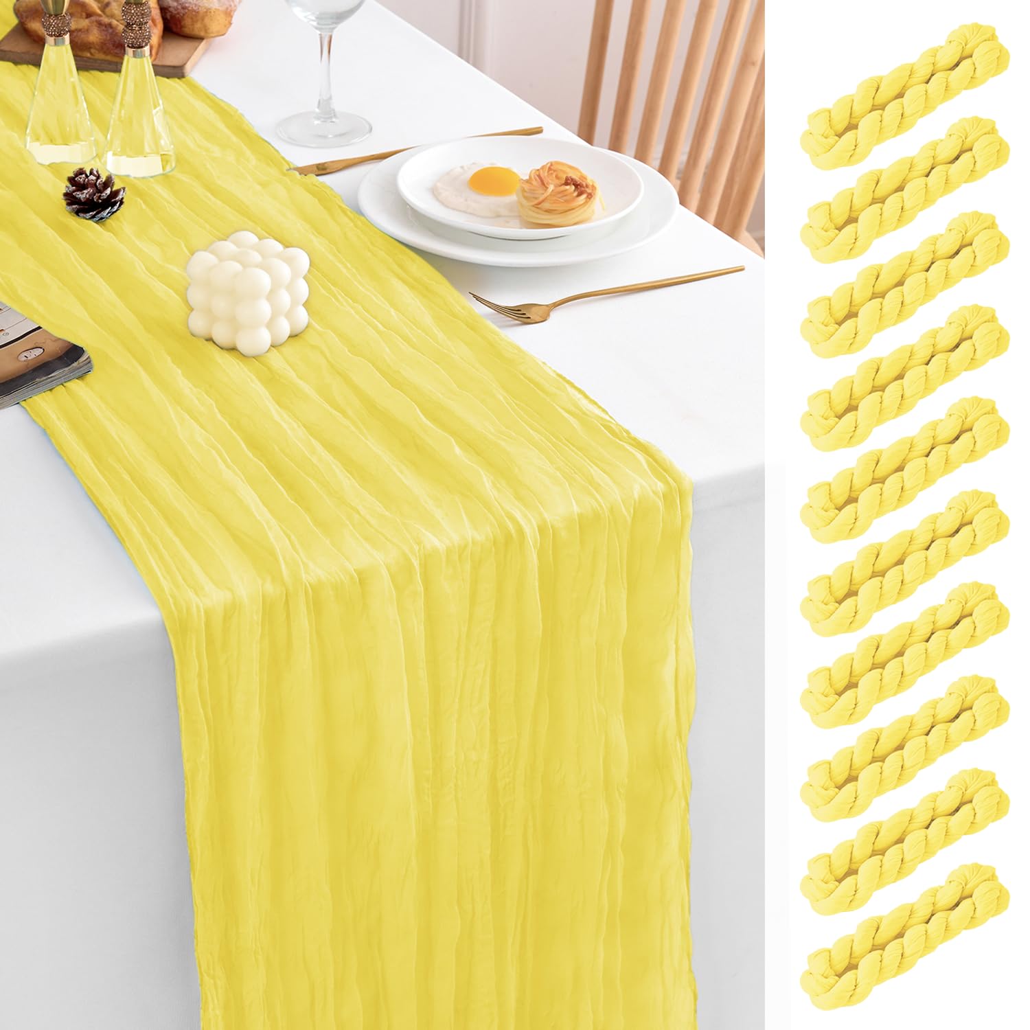 Photo 1 of 12 Pack Light Yellow Table Runner 17x108Inch Light Yellow Cheesecloth Table Runner Semi Gauze Table Runners Rustic Sheer Fabric Cheese Cloth Table Runners for Wedding Party Birthday Baby Bridal Shower