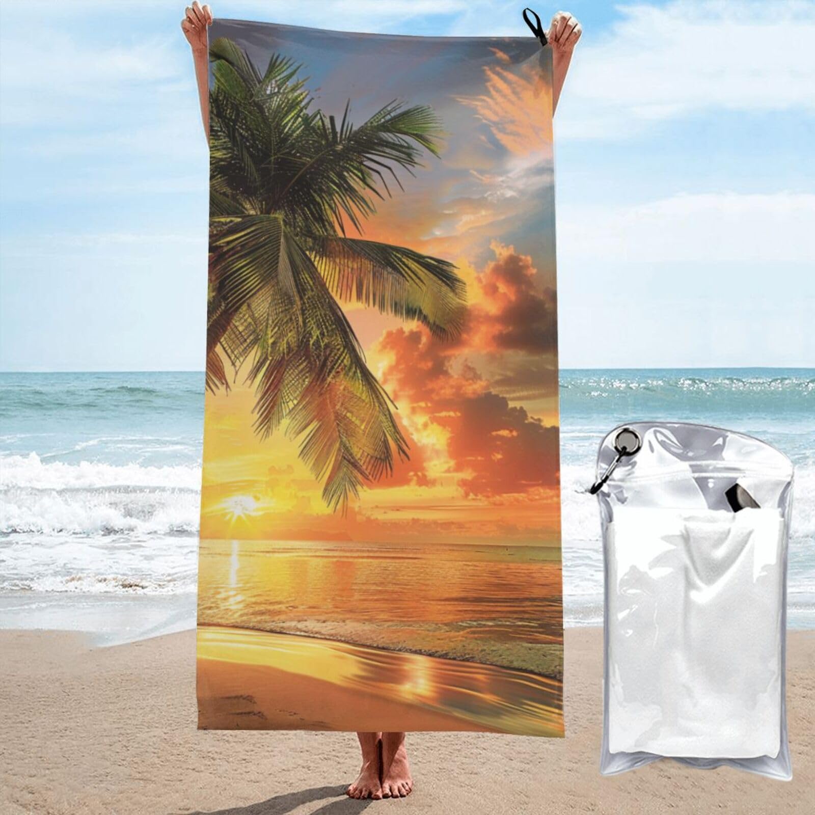 kkvhhyuo Microfiber Beach Towel, Tropical Beach Palm Tree Sunset Printed Lightweight Quick Dry Travel Bath Sheet with Compact Carry Bag for Swimming Yoga Camping Gym,31.5"x63"