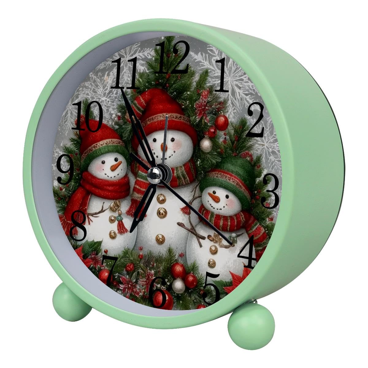Luoweisi Alarm Clock Christmas Snowman Family, Silent Non-Ticking with Night Light, Round Metal Alarm Clock for Office, Battery Operated, Bedroom, Elderly, Adults, Children, Student Gifts