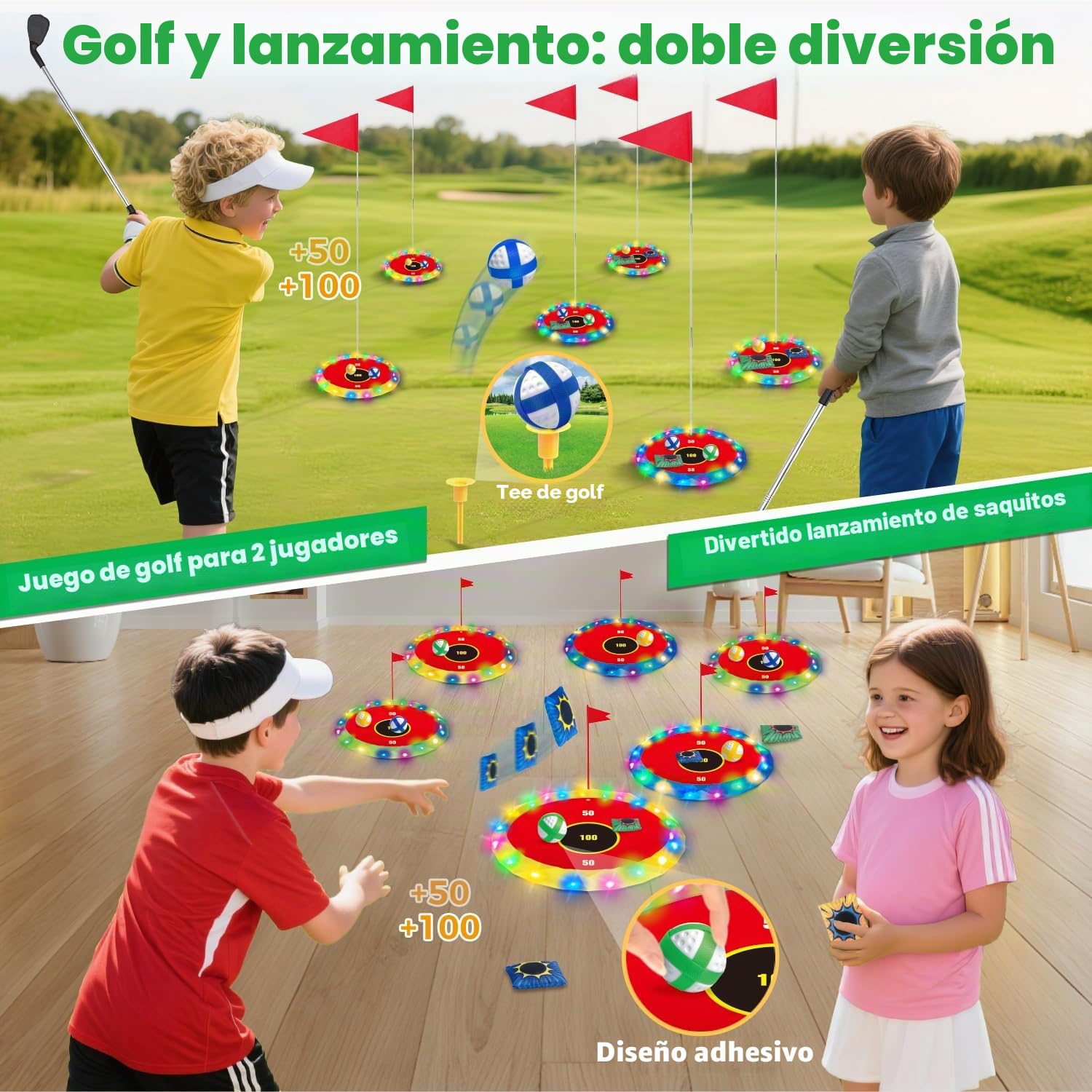 VATOS Juego de golf 2 en 1 con luz para niños - Juego de golf de astillado y lanzamiento de bolsa de puf con 6 objetivos LED, 2 palos, 18 bolas, juego de golf nocturno para fiesta en interiores al