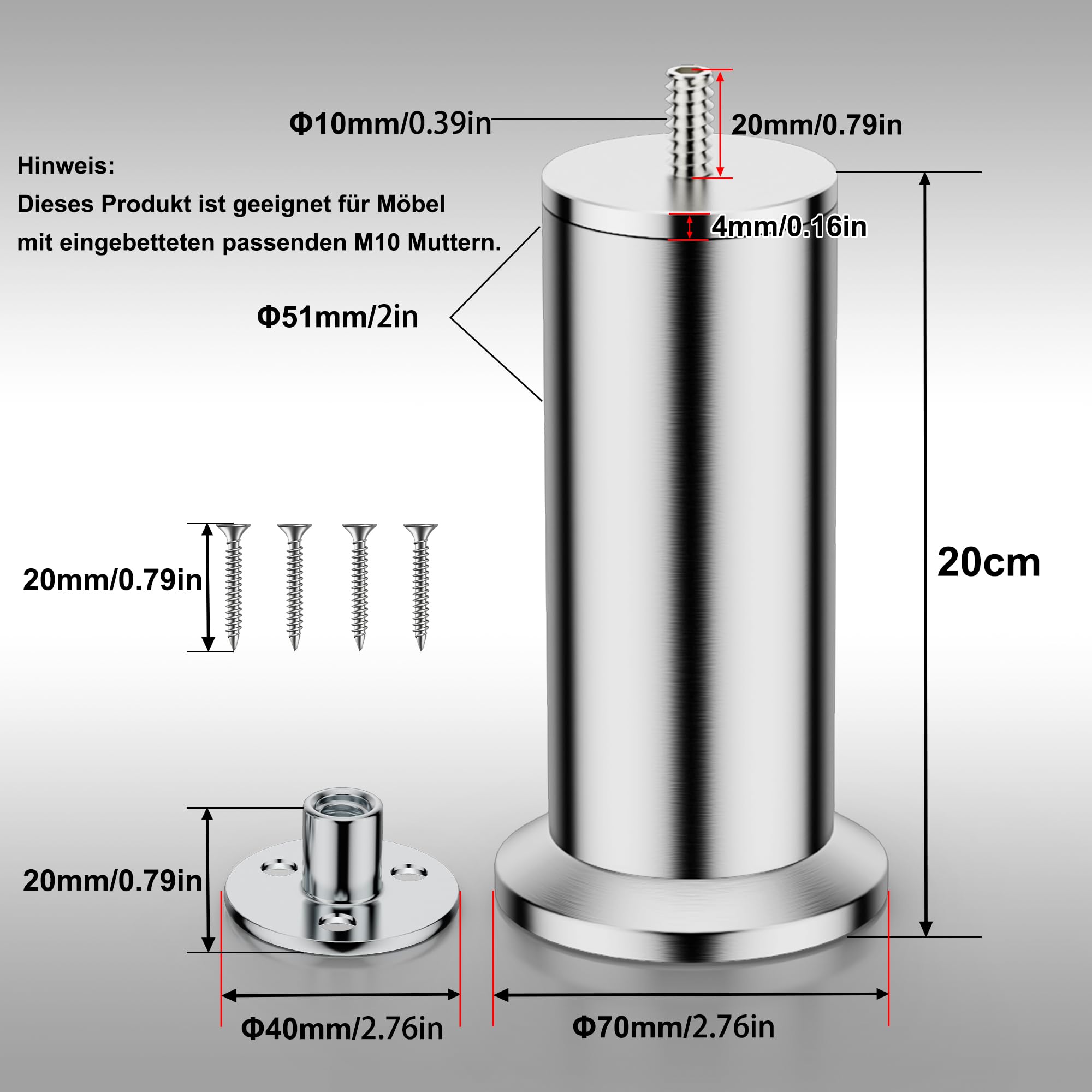 4 patas ajustables para muebles de acero inoxidable para muebles para patas de armario cama patas de sofá patas de mesa altura regulable utiliza tornillos M10 soporta más de 600 kg (20 cm)