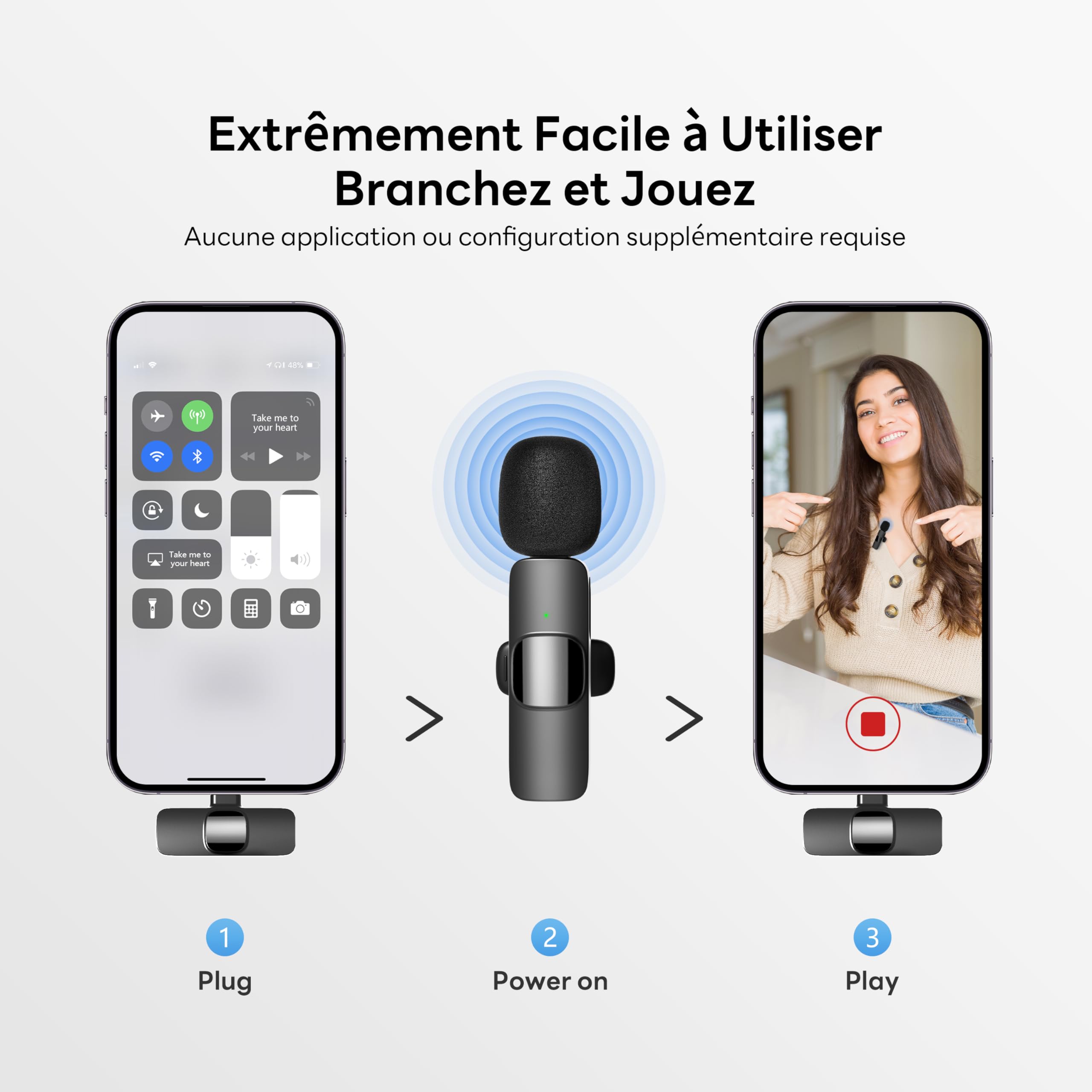 Micro Cravate sans Fil pour iPhone, Microphone Bluetooth Clip-on Lavalier sans Fil pour Enregistrement vidéo, Diffusion en Direct, Podcast