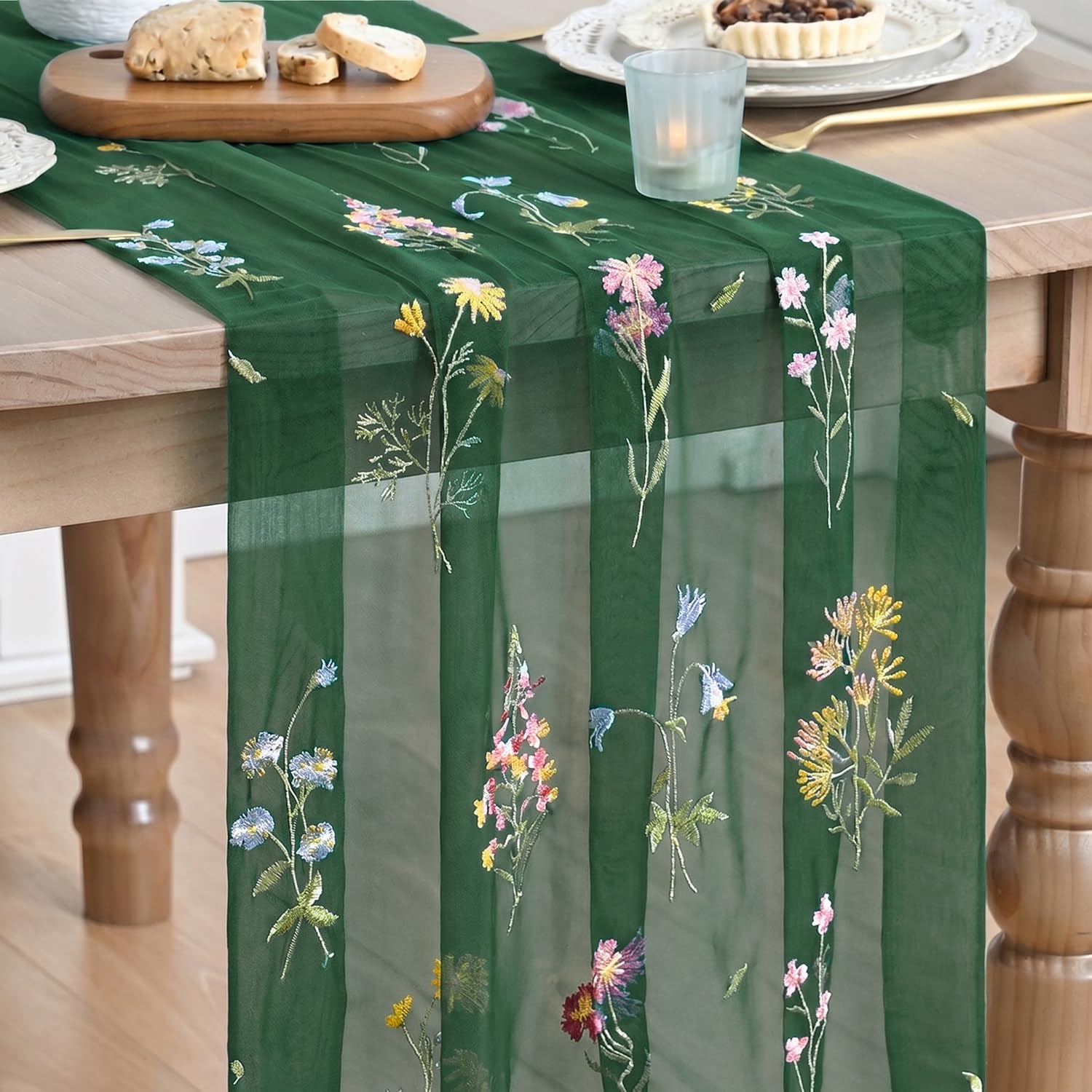 Artoid Mode Green Embroidery Wild Flowers Gauze Table Runner 70x300 cm