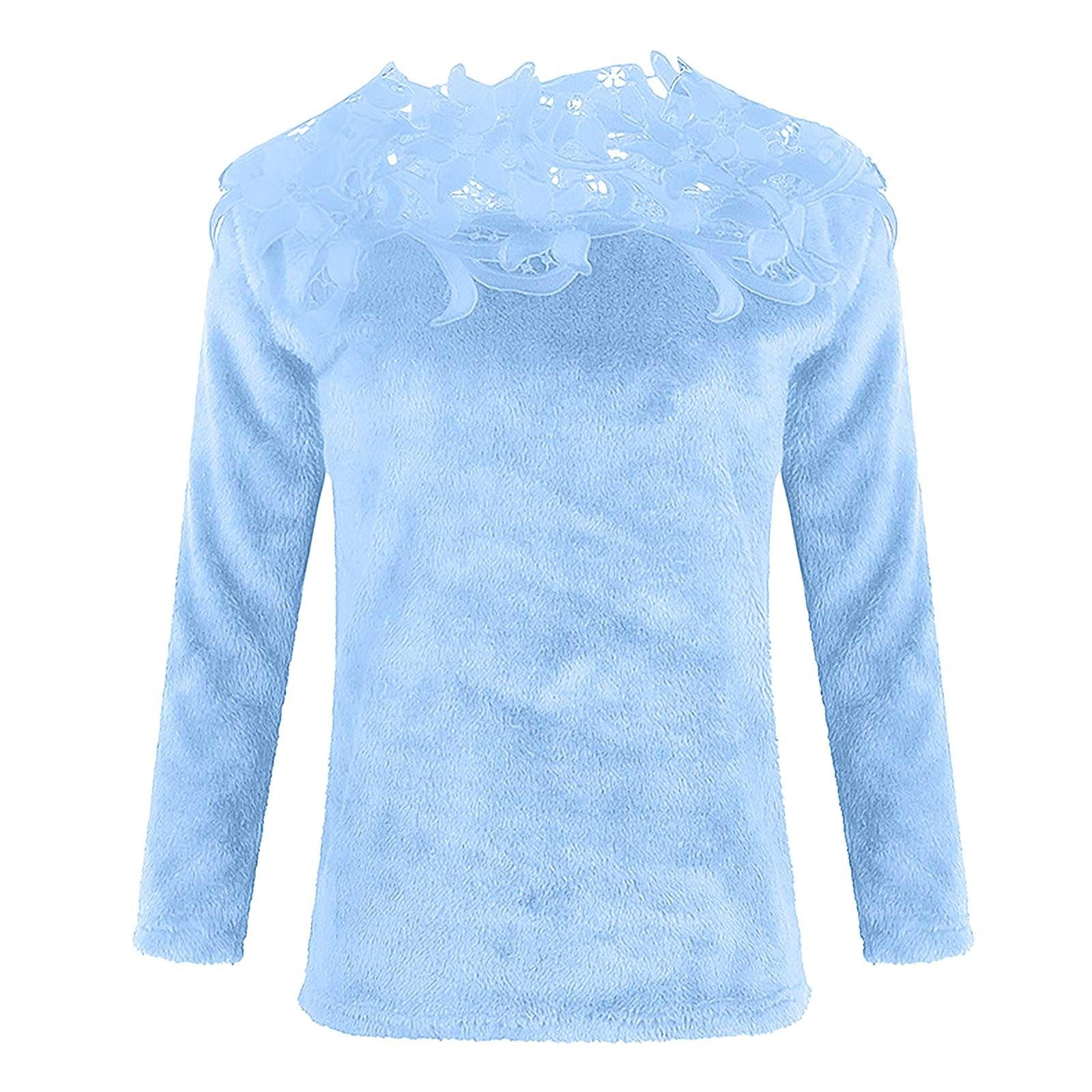 Pull Femme Chic Et Elegant Col Rond Hauts Patchwork en Dentelle Couleur Unie Sweat Polaire Hiver Chaud Manche Longue Pullover Léger DéContracté Pulls en Tricot Vetements Femme Sweater Pas Cher