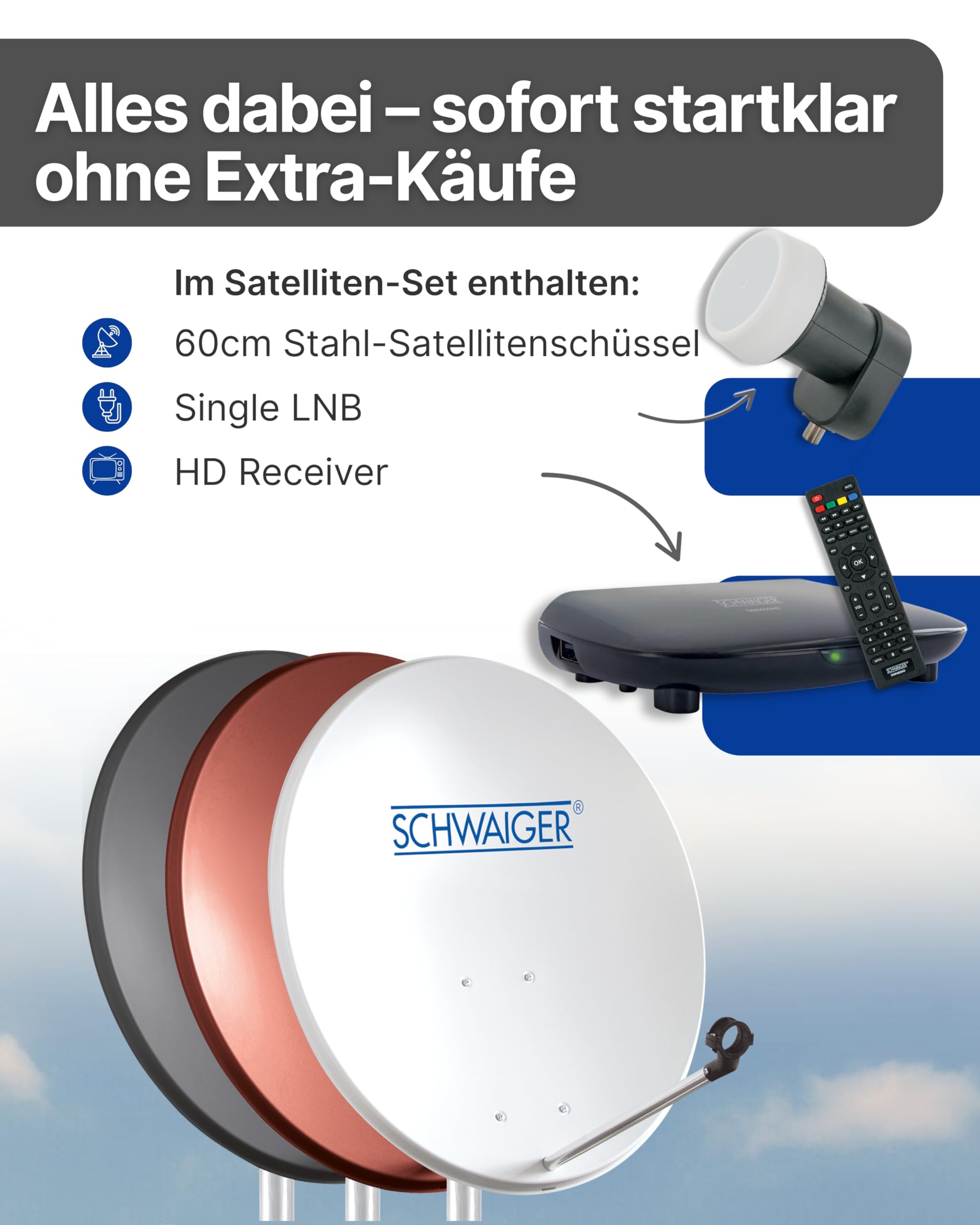 SCHWAIGER Satellitenschüssel Komplettset I Ø 60 cm Stahl Offset Antenne in Hellgrau I Inkl. Single LNB 1-Fach & HD SAT-Receiver mit Fernbedienung I Digital HD Empfang I Integrierte Kabelführung