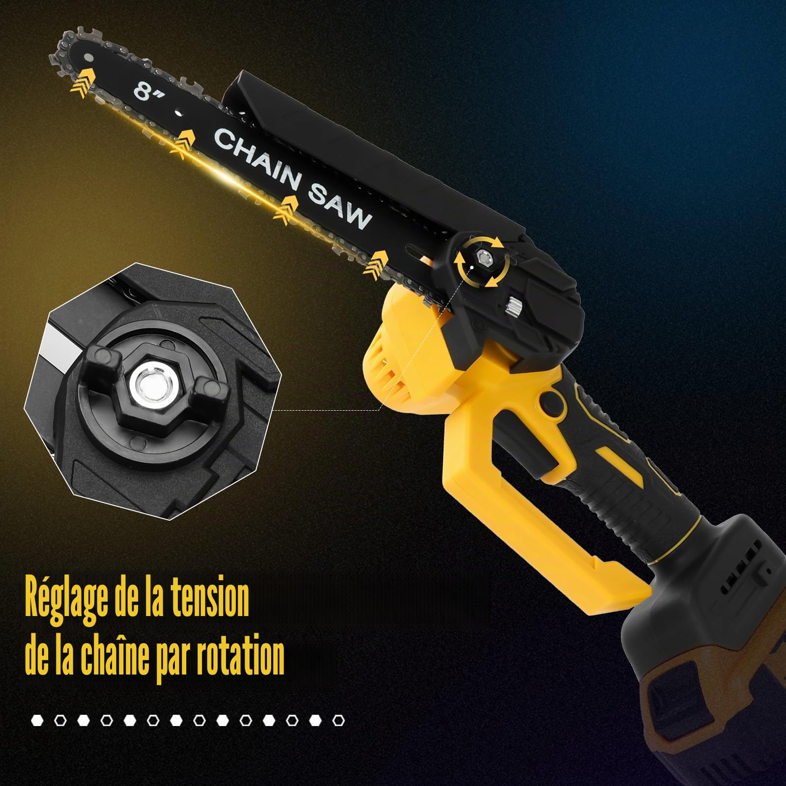Mini Tronconneuse 8 et 6 Pouces Compatible avec Dewalt 20V Batterie, Tronçonneuse Électrique sans balais avec 4 chaînes, Lubrification Automatique, pour la Jardinage (sans batterie)
