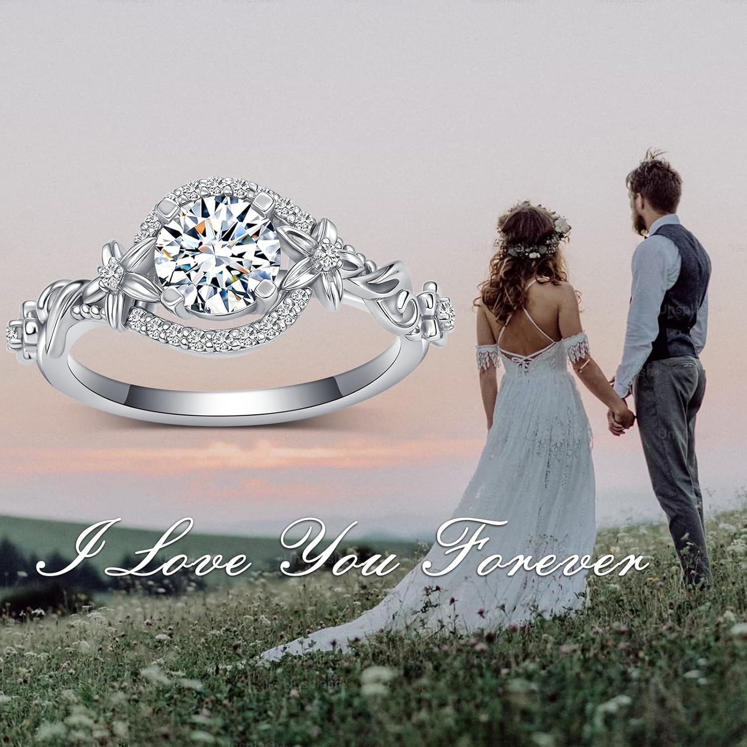 1-1/8 Carats Round Cut Moissanite Engagement Ring for Women, 18K White Gold Platinum Plated Halo Ring S925 Promise Anniversary Ring Band Her Gift for Wedding Christmas