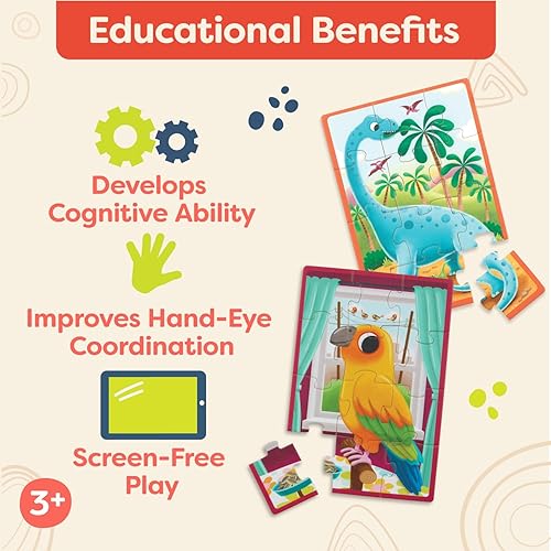 Miniatura 4 de B. toys Pack o' Puzzles 2 Pack Mascotas & Dinos Juego de caja de rompecabezas de madera 2 cajas, 8 juegos 12 piezas 3+ años