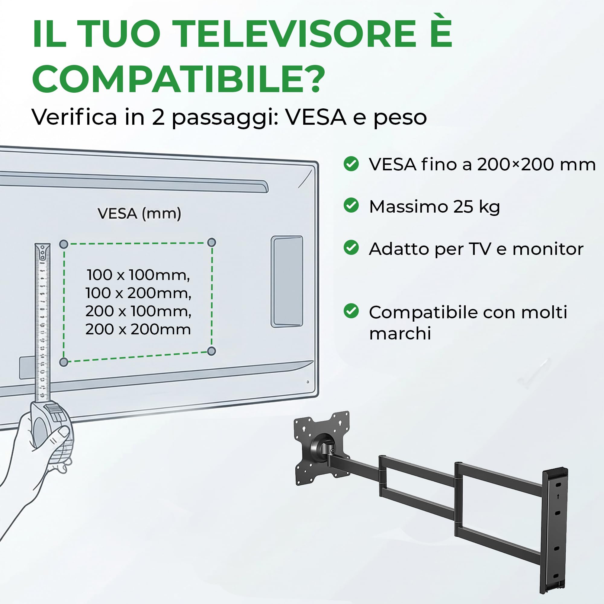 Axis XL 108,5 cm Supporto TV Parete per 50–75 Pollici – Braccio TV Extra Lungo fino a 108,5 cm, Girevole, Inclinabile e Rotazione, Portata 25 kg, VESA fino a 200x200 mm