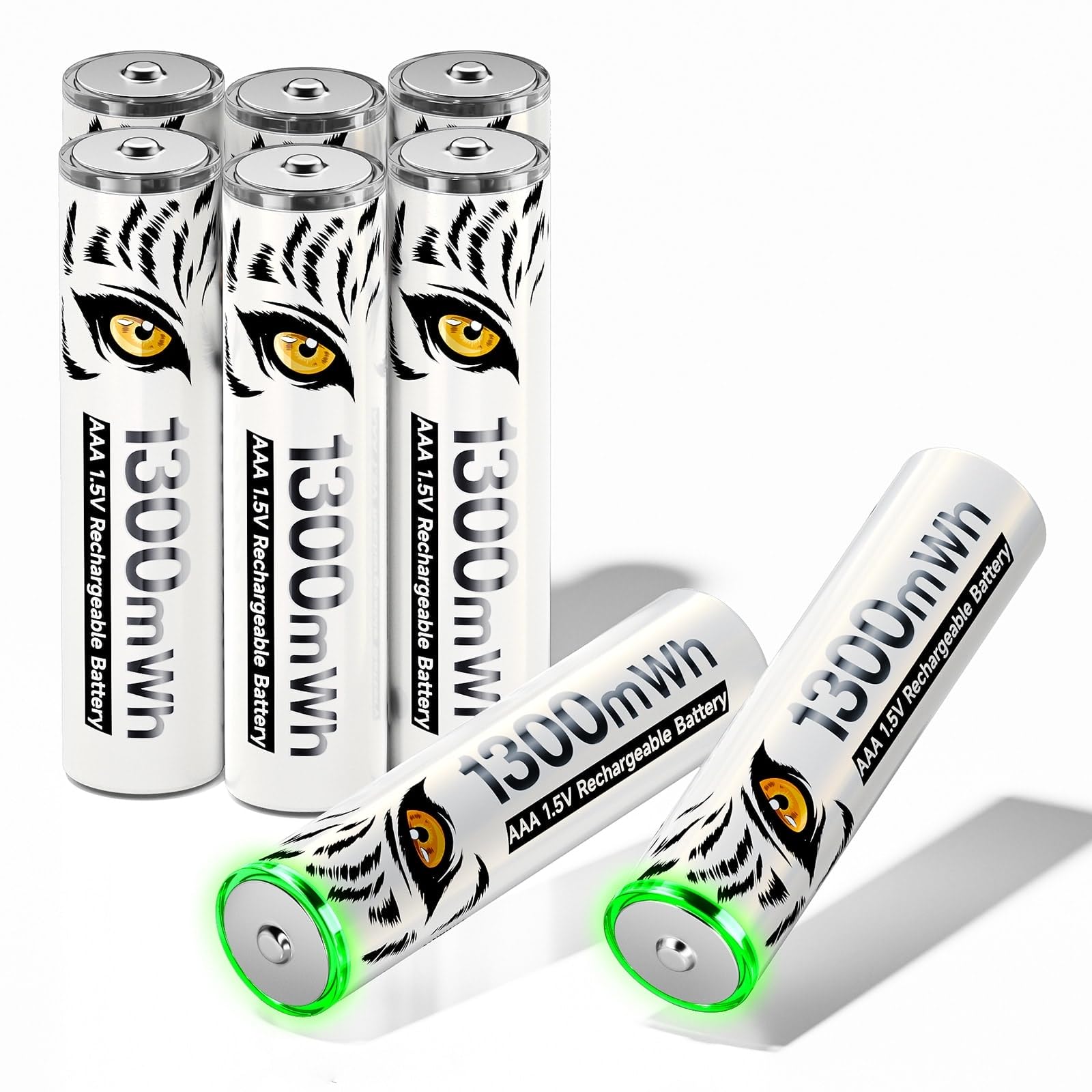 1.5 V Batterie AAA Lithium 1300mwh Rechargeable 8 pièces, Tiger Printing Fast Charging Rec Charged AAA Batteries, avec Light Light, 1500+ Cycle, Batterie avec Batterie Boîte à Battery