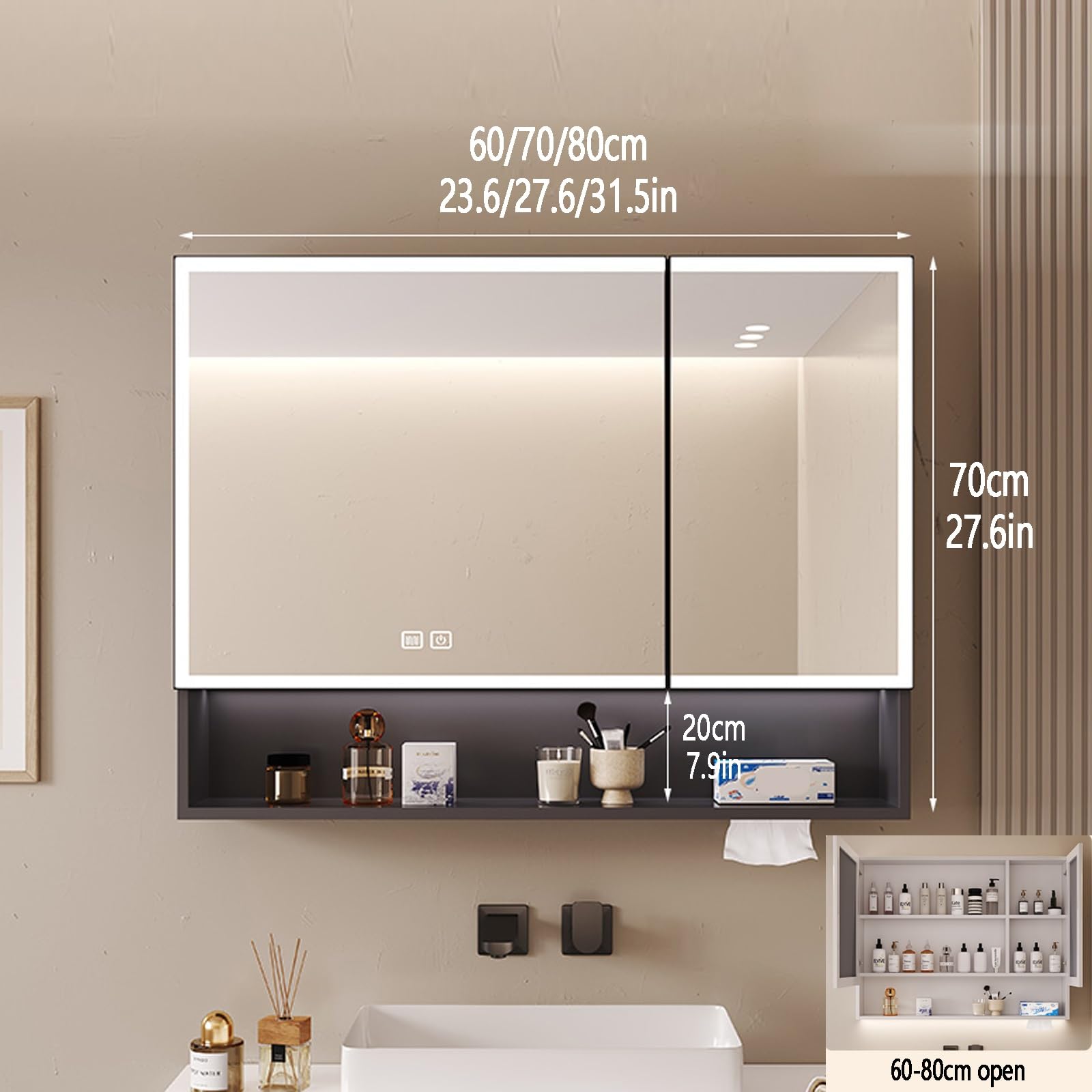 Inteligente Armarios Espejo de baño con led luz,Armario con Espejo Antivaho de Maquillaje baño,Armario de Pared Rectangular Antivaho con Estantes de Almacenaje,Interruptor Táctil,Agujero de papel(Gray