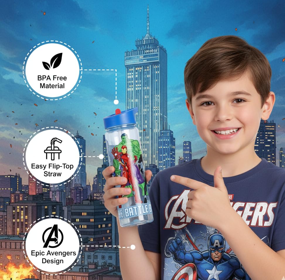 Image of Gluman Water Bottle for Kids | Disney Avenger Ninos 700 ml Water Bottle with Flip-Top Closure | Kids Sipper School Water Bottle | Picnic Bottle | Food Grade | School Bottle for Boys | Leakproof