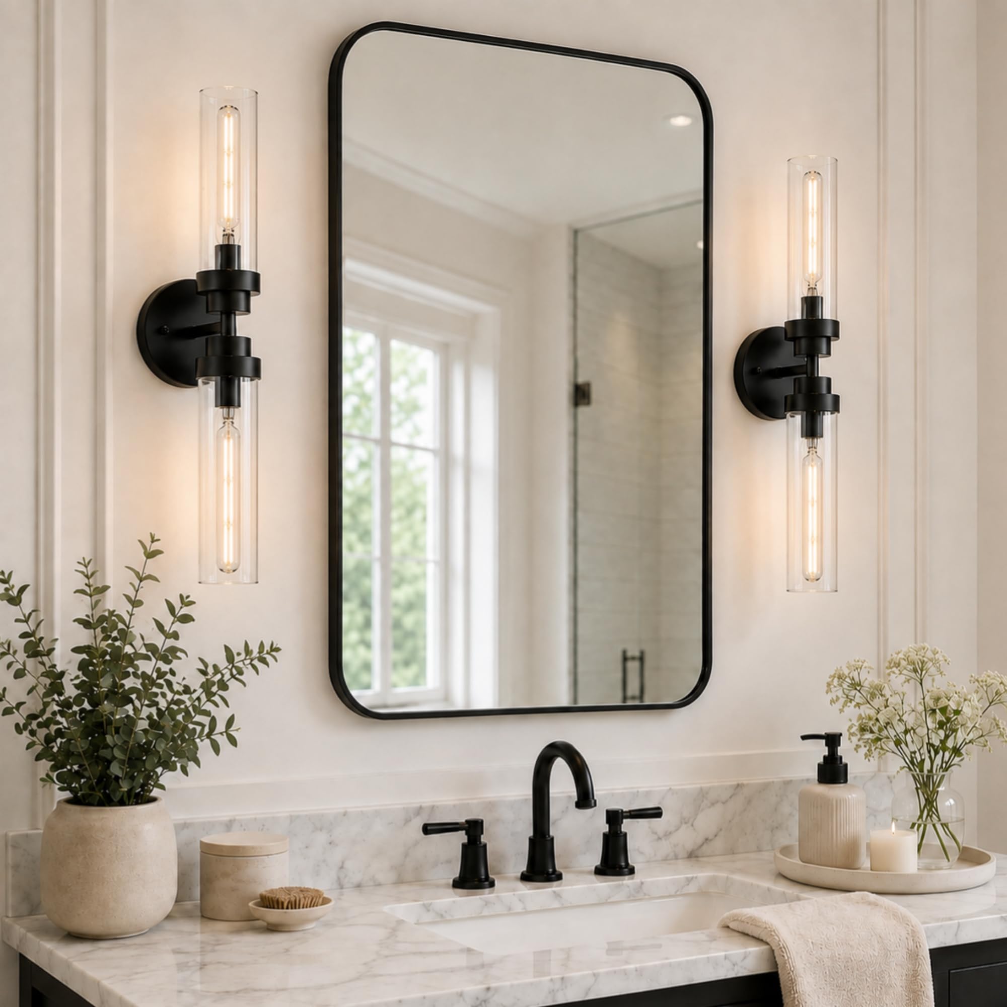 View 1 of 22-Inch Black 2-Light Bathroom Vanity Light with Clear Glass Shade