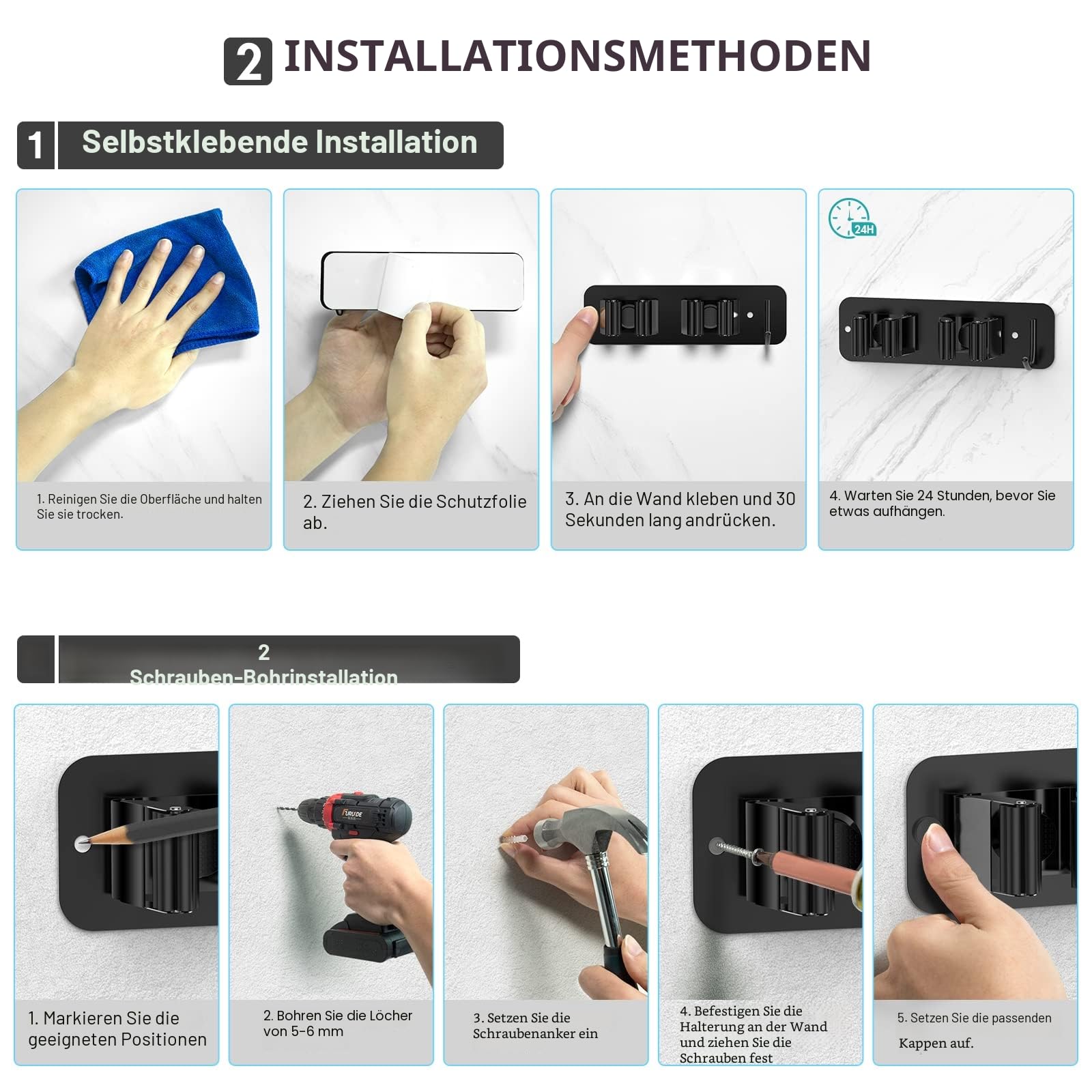 homeasy Besenhalterung Wand 2 Stück Besenhalter Selbstklebend Edelstahl Gerätehalter Ohne Bohren Mop Halter Werkzeughalter Organizer mit Haken und 2 Halter für Küche Badezimmer Garten Balkon