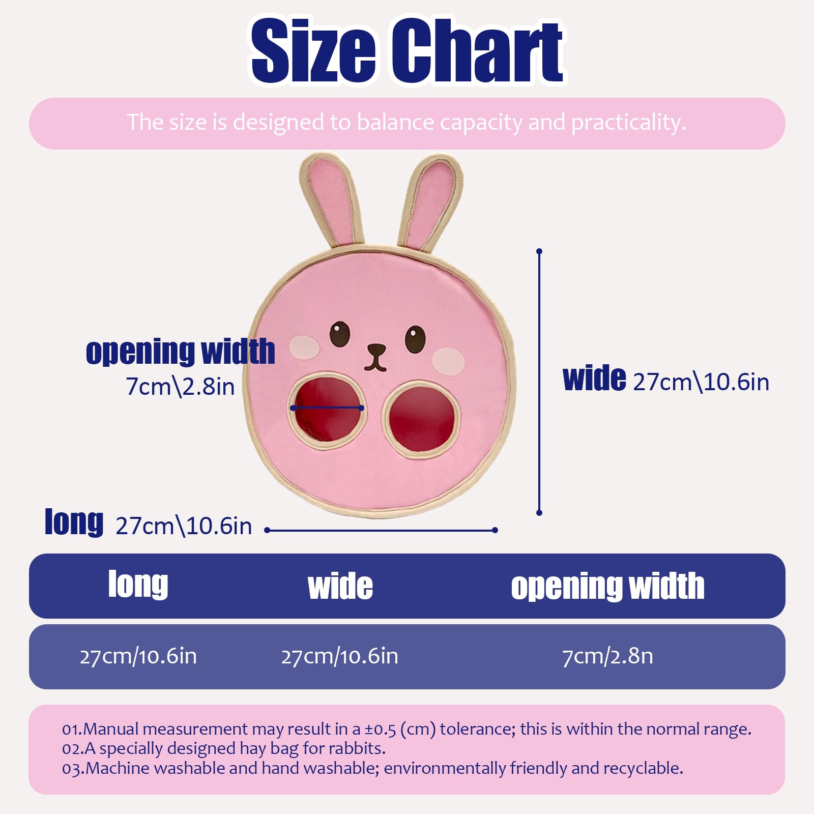 Colemumone Cute Bunny Face Rabbit Hay Feeder Bag, 2 Holes Hanging Hay Holder for Guinea Pig Cage, Durable Oxford Fabric Hay Dispenser for Chinchillas, Hamsters & Small Animals, Pink - image 2