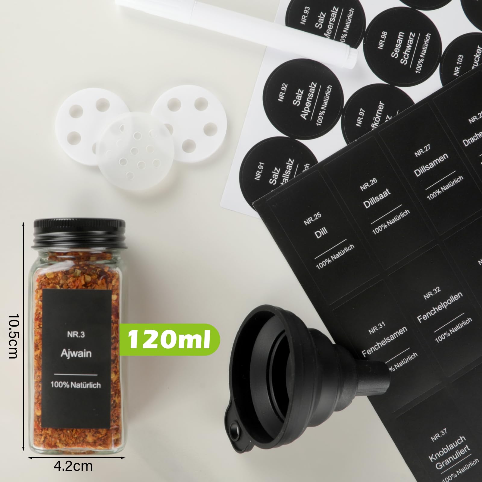 30er Set Gewürzgläser Eckig mit Streueinsatz - mit 324 Deutsch Wasserfeste Label - 120ml Luftdichte Gewürzgläser Schwarz - Gewürzstreuer Glas Organizer - Gewürzbehälter Spice Jars - Gewürzdosen Set