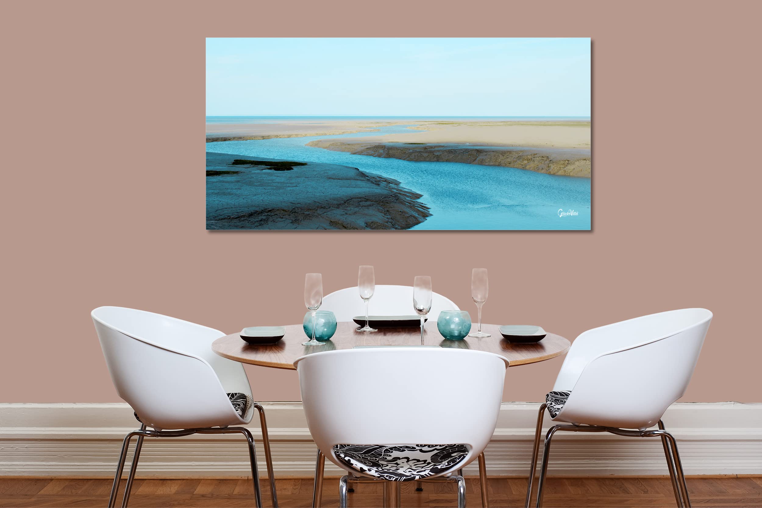 Glücksvilla - Wasserwege am Meer (Leinwand-Bild 2 cm, 160 x 80 cm) | div. Maße - aus DE - Kunstdruck Deko Wandbild quer - Frankreich Bretagne Atlantik Priel Siele Ebbe Flut Küste maritim türkis