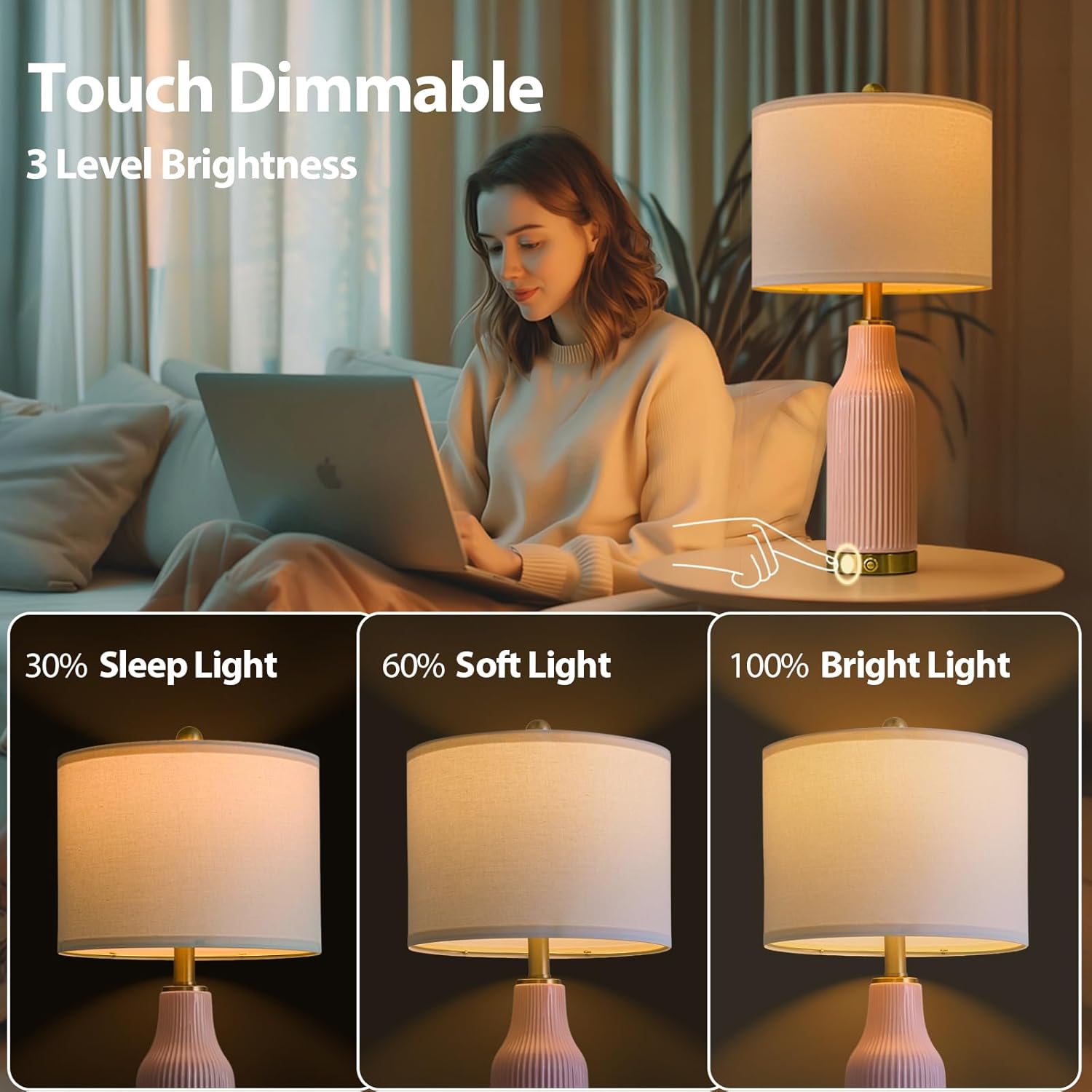 USumkky 24.5" Modern 3-Way Dimmable Touch Control with 5FT Cord & USB A+C Ceramic Lamps Set of 2 Table Lamp for Living Room Bedroom Farmhouse Nightstand Bedside Pink