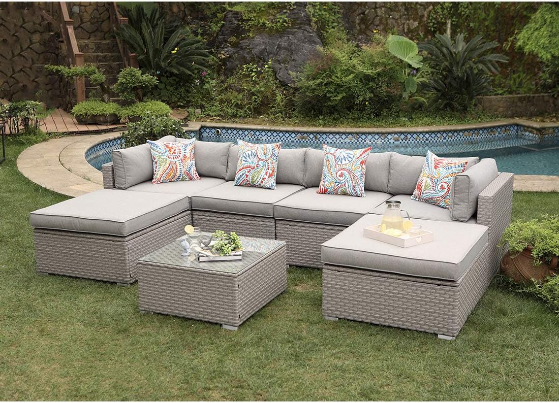 COSIEST 7-Piece Outdoor Sectional Sofa arranged by a pool