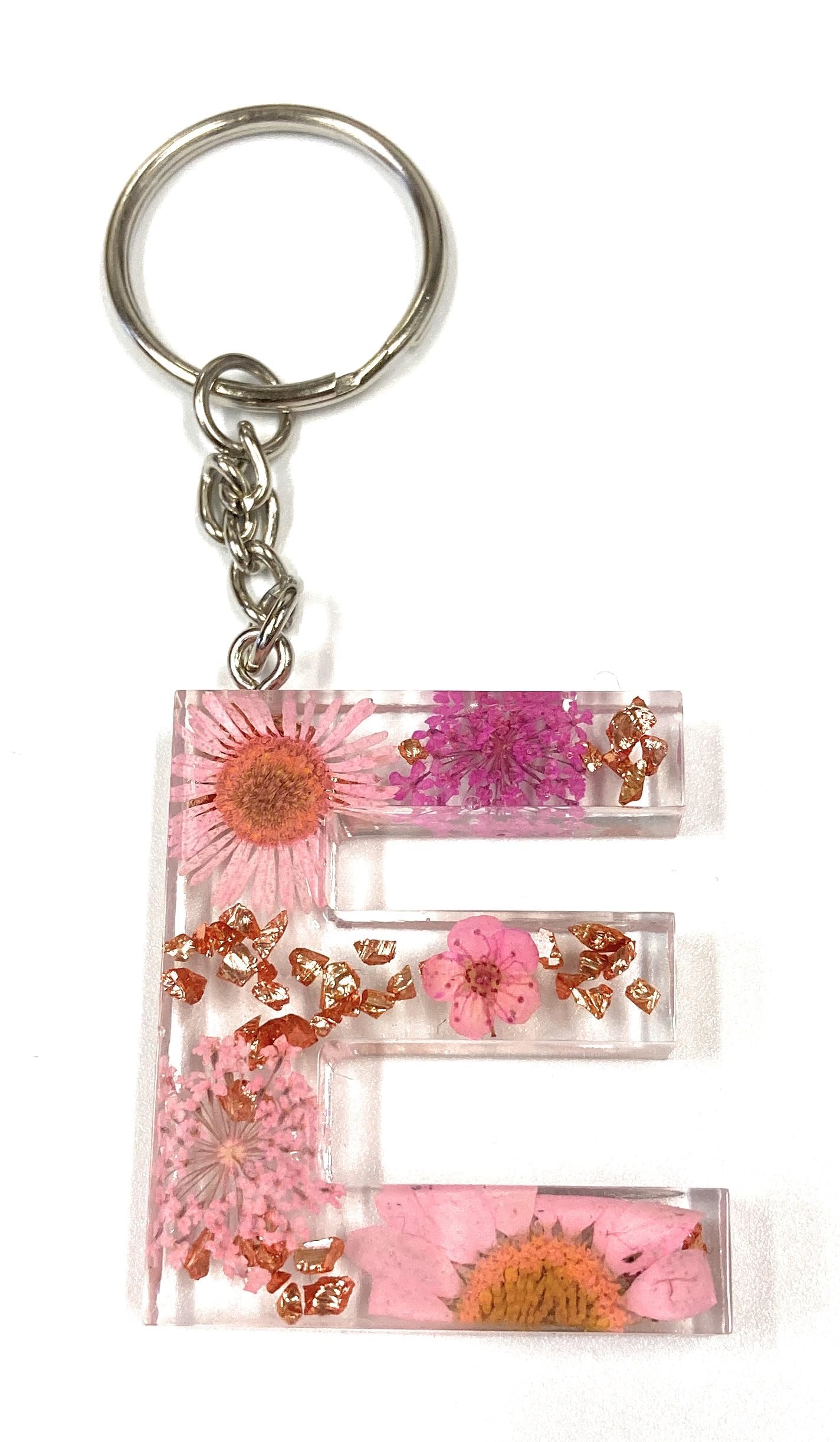 Cotswold Crafts By Emma Personalised Handmade A-Z Letter Keyring with Pink Pressed Flowers and Rose Gold Foil – Custom Keychain Gift or Bag Charm for Women, Men, Kids, Handbags, or Backpacks- Letter E