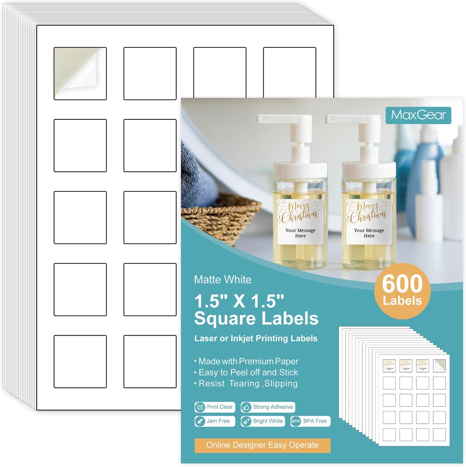MaxGear 1.5" x 1.5" Square Labels, for Inkjet or Laser Printer, Matte White Printable Sticker Paper Labels Sheets, Strong Adhesive, Dries Quickly, Holds Ink Well, 600 Pcs