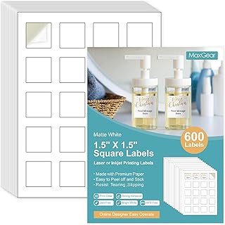 MaxGear 1.5" x 1.5" Square Labels, for Inkjet or Laser Printer, Matte White Printable Sticker Paper Labels Sheets, Strong Adhesive, Dries Quickly, Holds Ink Well, 600 Pcs