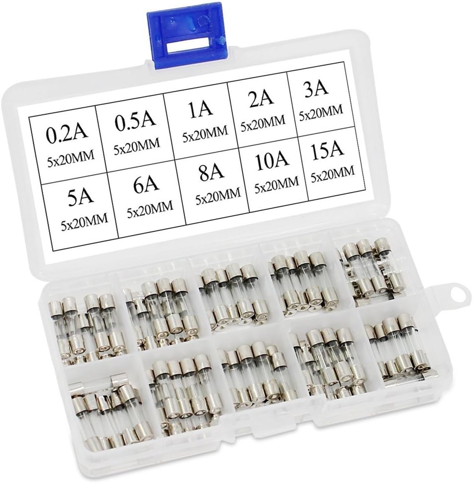 ESDAutop 100PCS M5x20MM Glass Tube Fuse Assorted Kit AMP 0.2A 0.5A 1A 2A 3A 5A 6A 8A 10A 15A