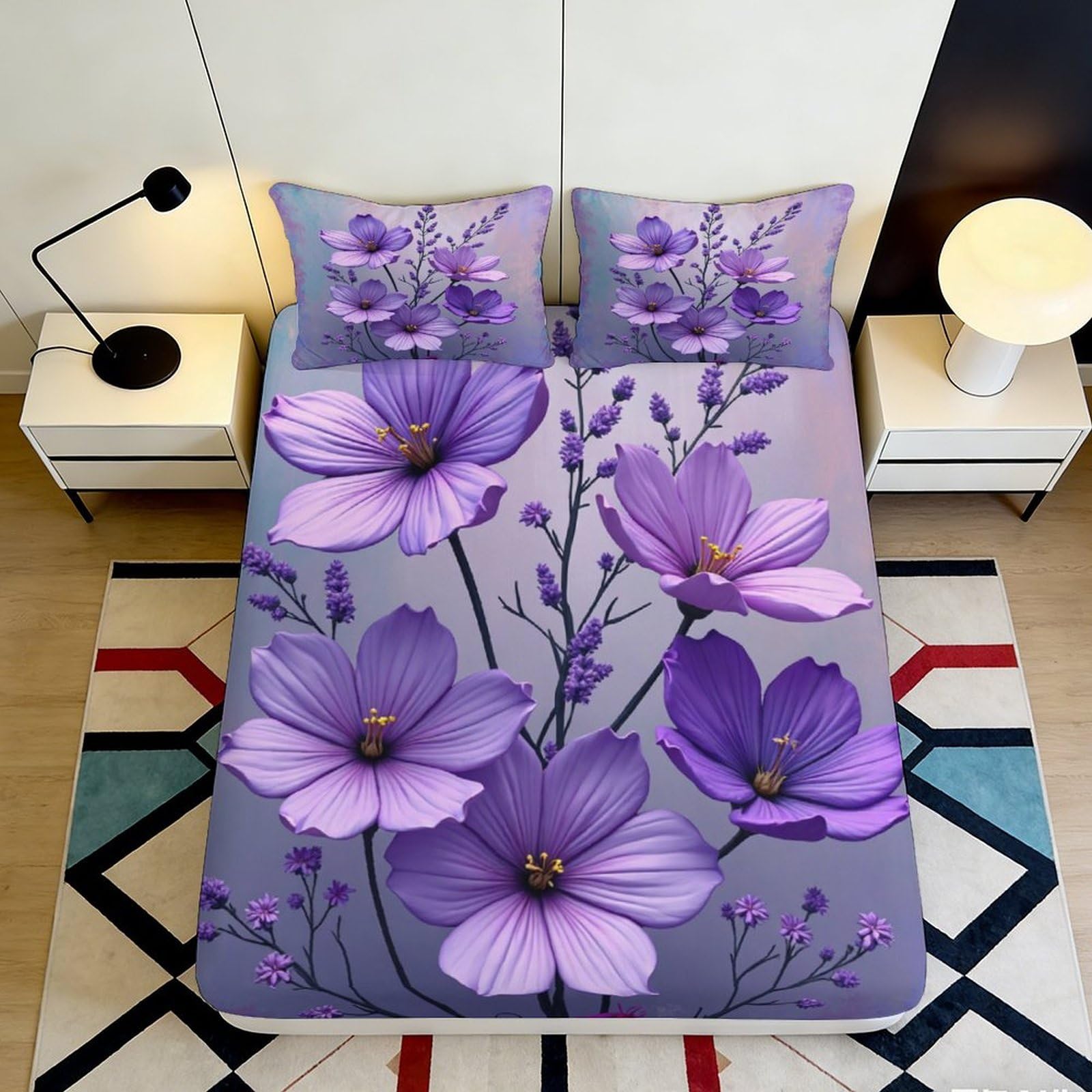 Jqzkxnhpbr Style-8 3D Printed Purple Floral Fitted Sheet Microfiber Soft Breathable Lavender Blossom Mattress Cover For Bedroom Dorm Decor 90X200x25cm