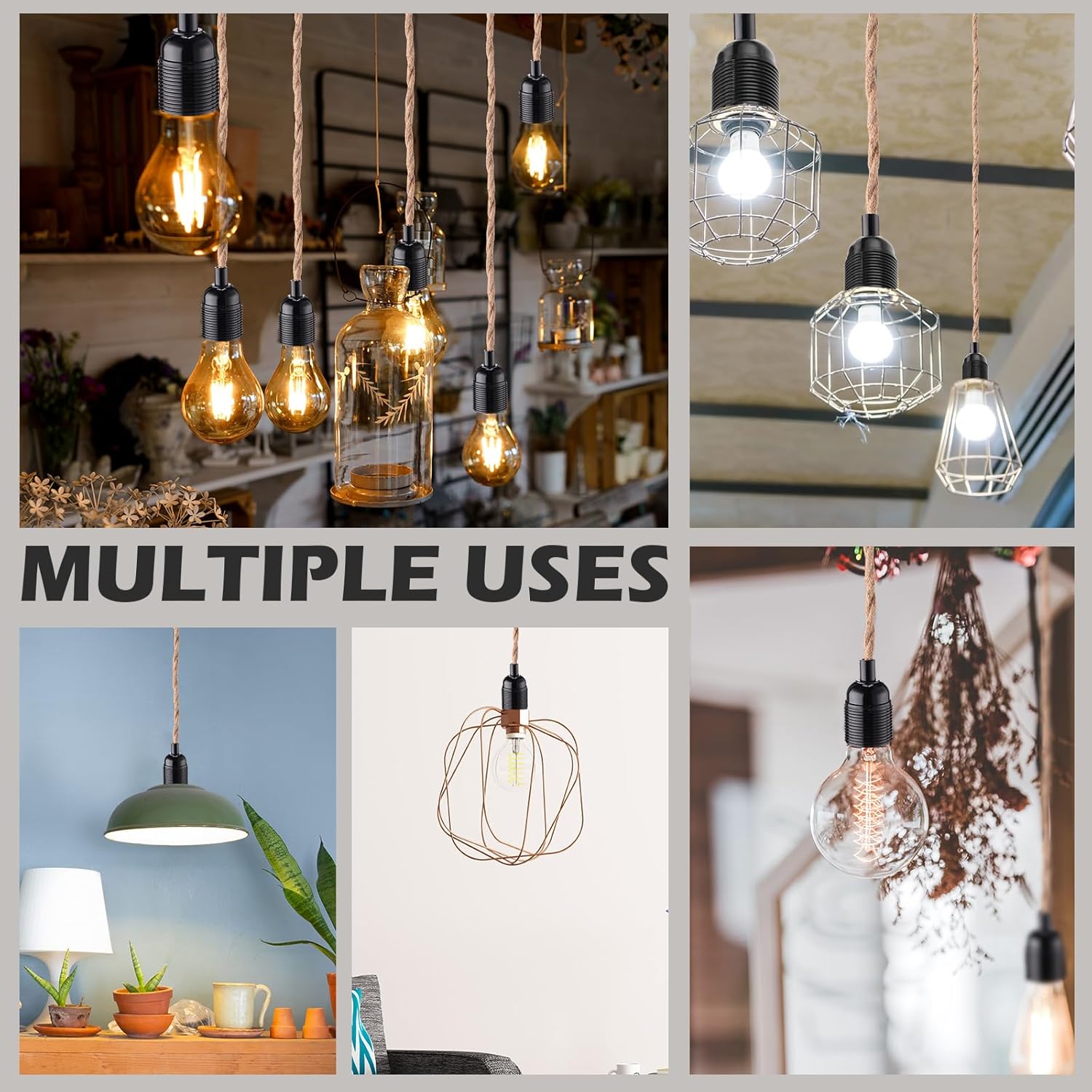 Retisee 10 Pcs 10ft Pendant Light Cords Kit with Switch Rope Cord Fixtures Hanging Vintage Lamp with Plug Twisted Nylon Pendant Lamp Extension E26 E27 for Farmhouse Industrial Home DIY Decoration