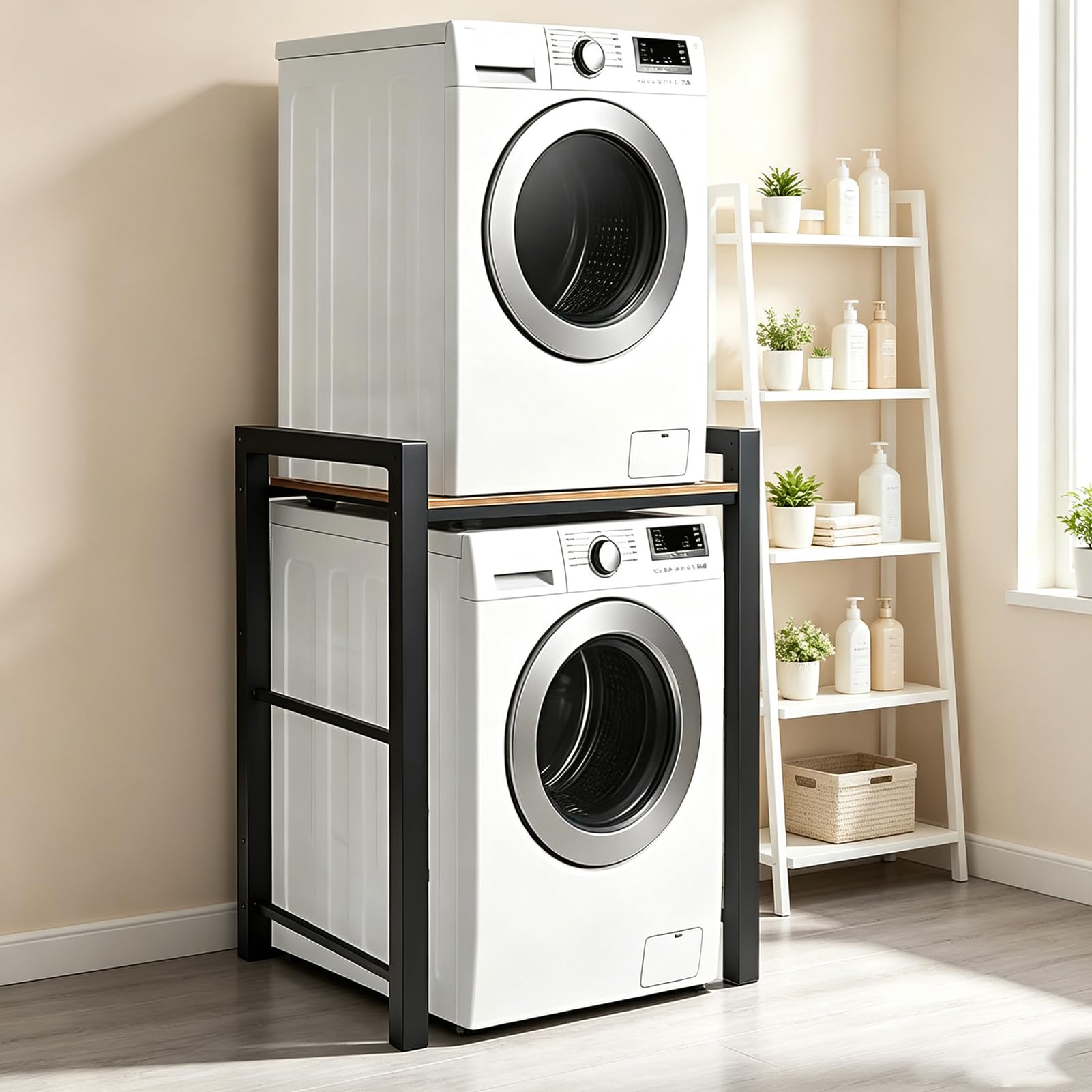 Waschmaschinenregal & Trocknerregal - 350kg Tragkraft, 3 Höhenverstellbaren Ebenen Waschmaschinenschrank, Regal für Waschmaschine und Töckner für Badezimmer Balkon Waschküche, 95x105x65 cm (Schwarz)