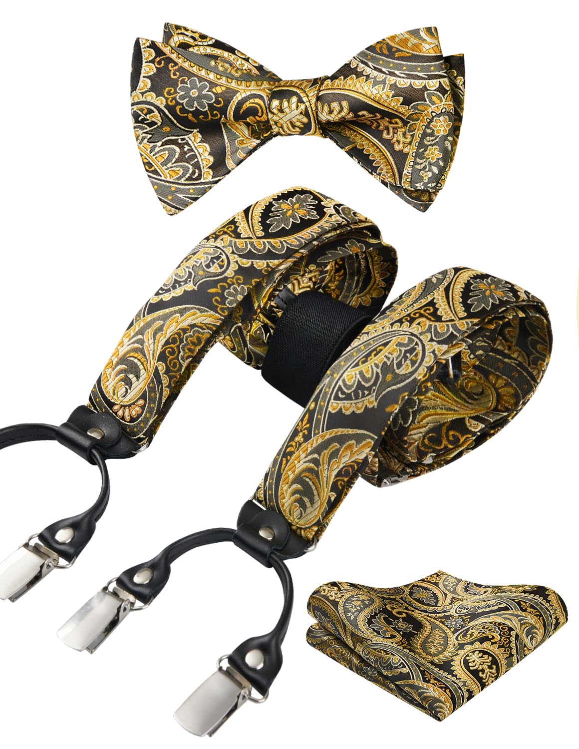 HISDERN Hosenträger für Herren breit Fliege Einstecktuch Set elastisch und längenverstellbar in verschiedenen Designs