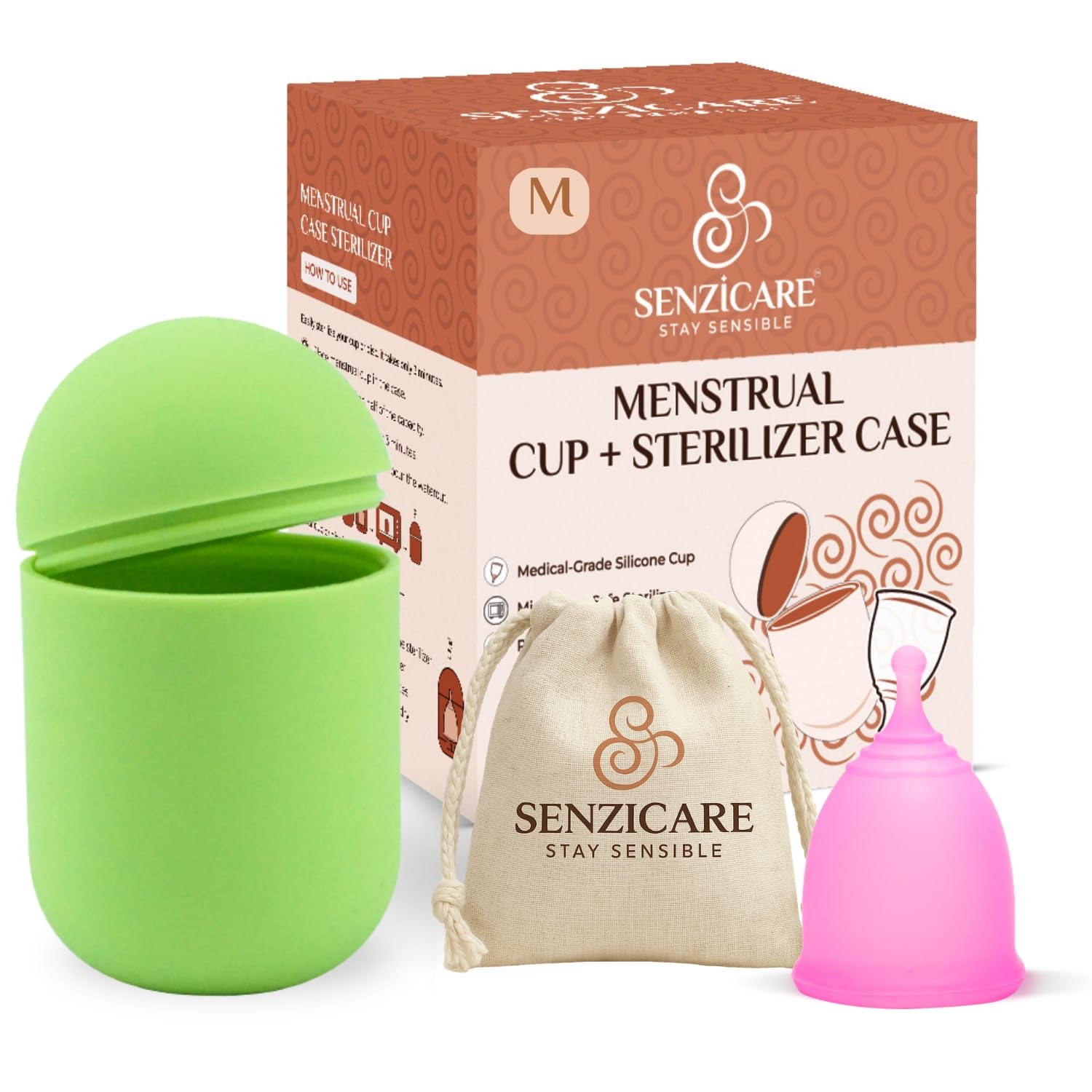 Senziwash Sterilizer Case & Truecup Reusable Menstrual Cup With Cupwash For Women|Portable Cleaning Container & Microwave Steamer (Medium Combo(Green)),3 Count-image-0