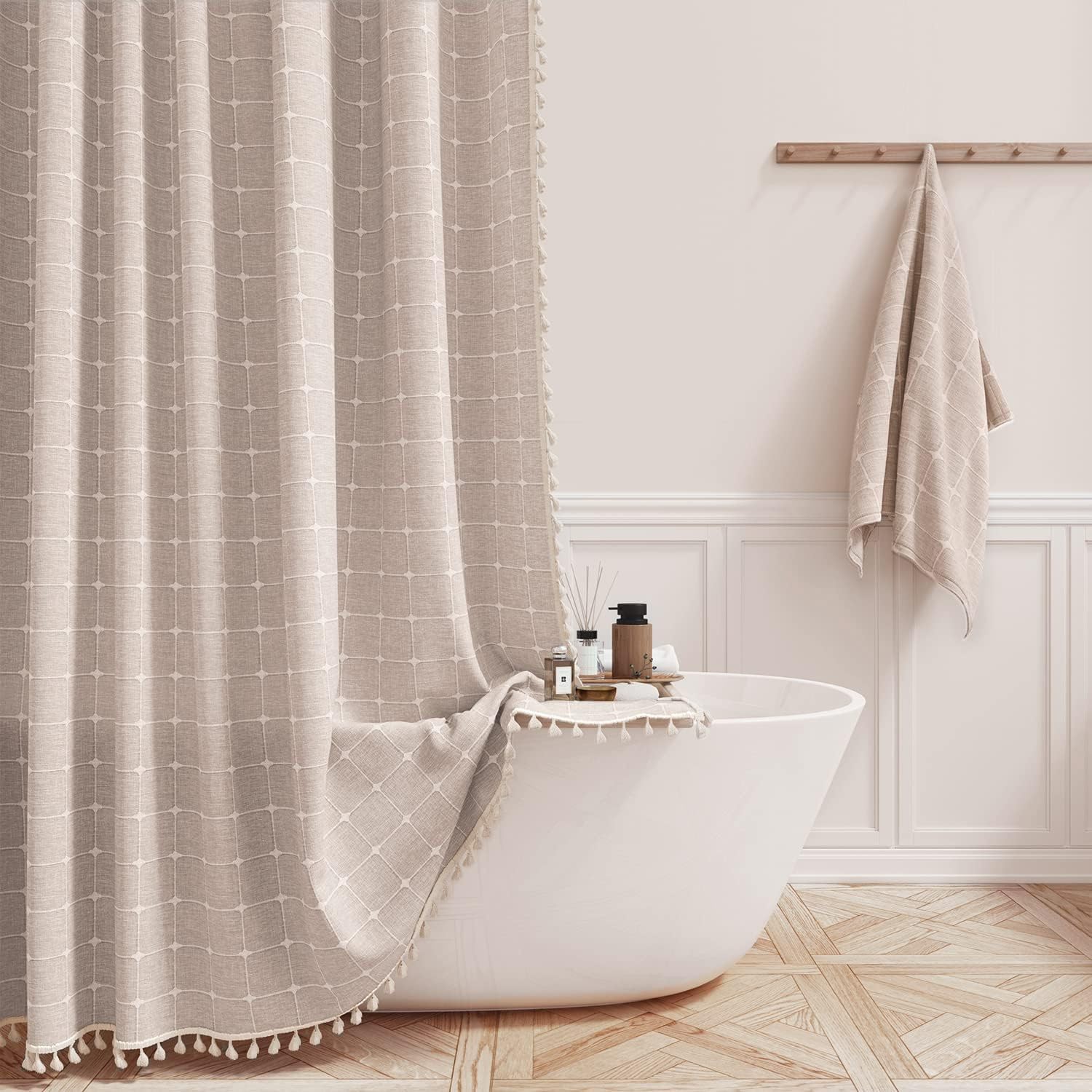 KIZAMI Rideau de Douche à Pompons 457 × 183 cm, Rideau de Douche de Style bohème, Rideau de Douche en Polyester, Rideau de Douche à Carreaux Jacquard imperméable pour la décoration de séparation