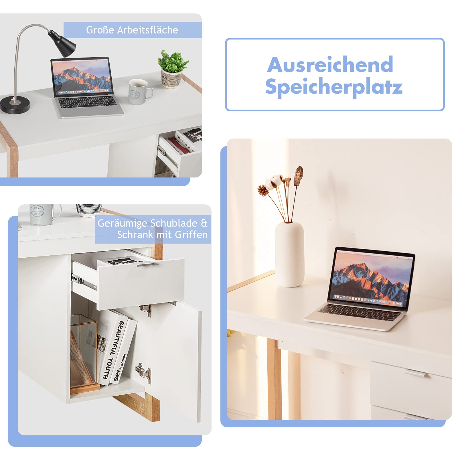 COSTWAY Schreibtisch mit Schubladen & Aufbewahrungsschrank, Computertisch mit Dicker Arbeitsfläche, Arbeitstisch Bürotisch studiertisch für Studierzimmer Homeoffice (Weiß)
