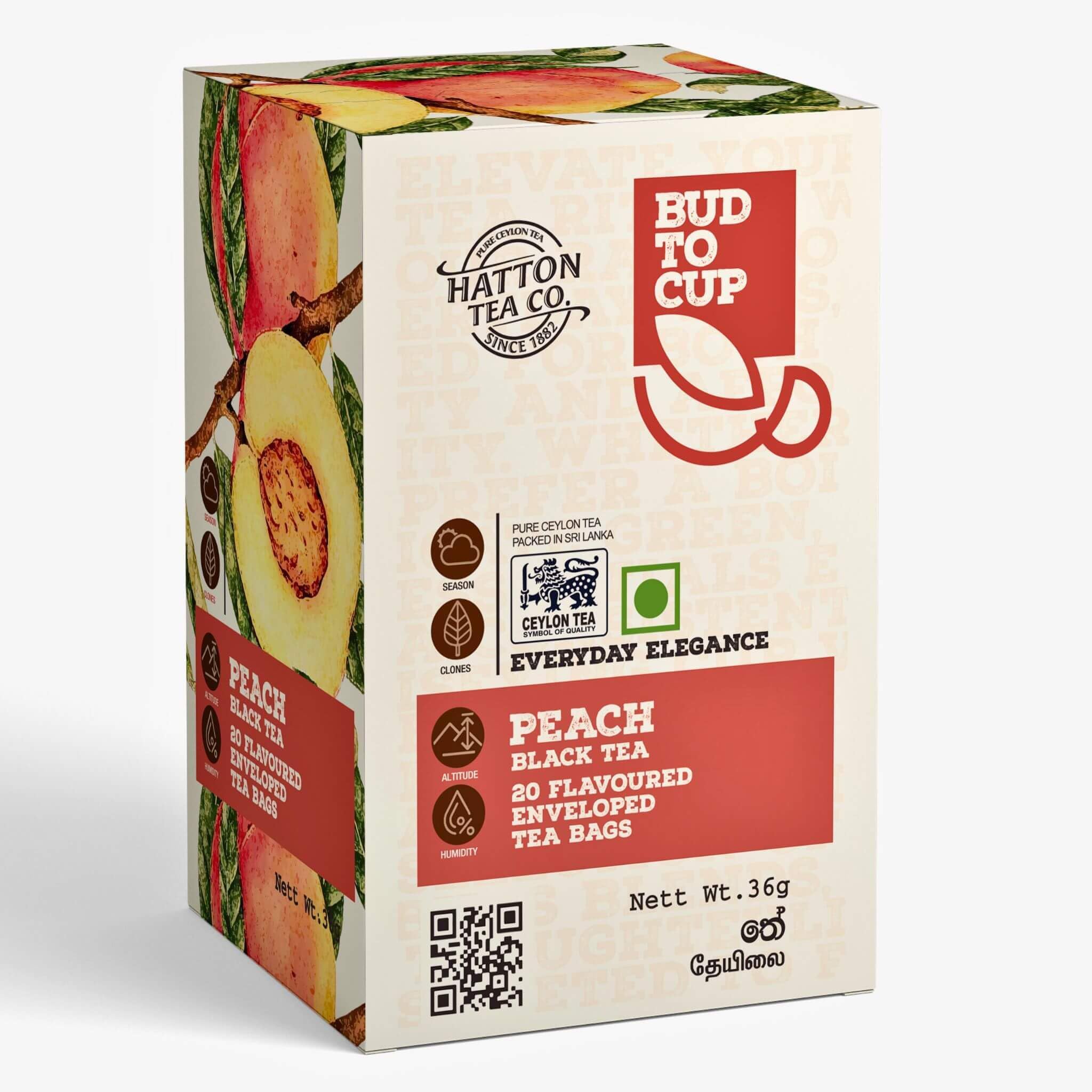 Ceylon Black Tea Bags, Peach Flavored – Pure Sri Lankan Estate Tea, Naturally Infused Fruit Flavor, 20 Individually Wrapped Bags